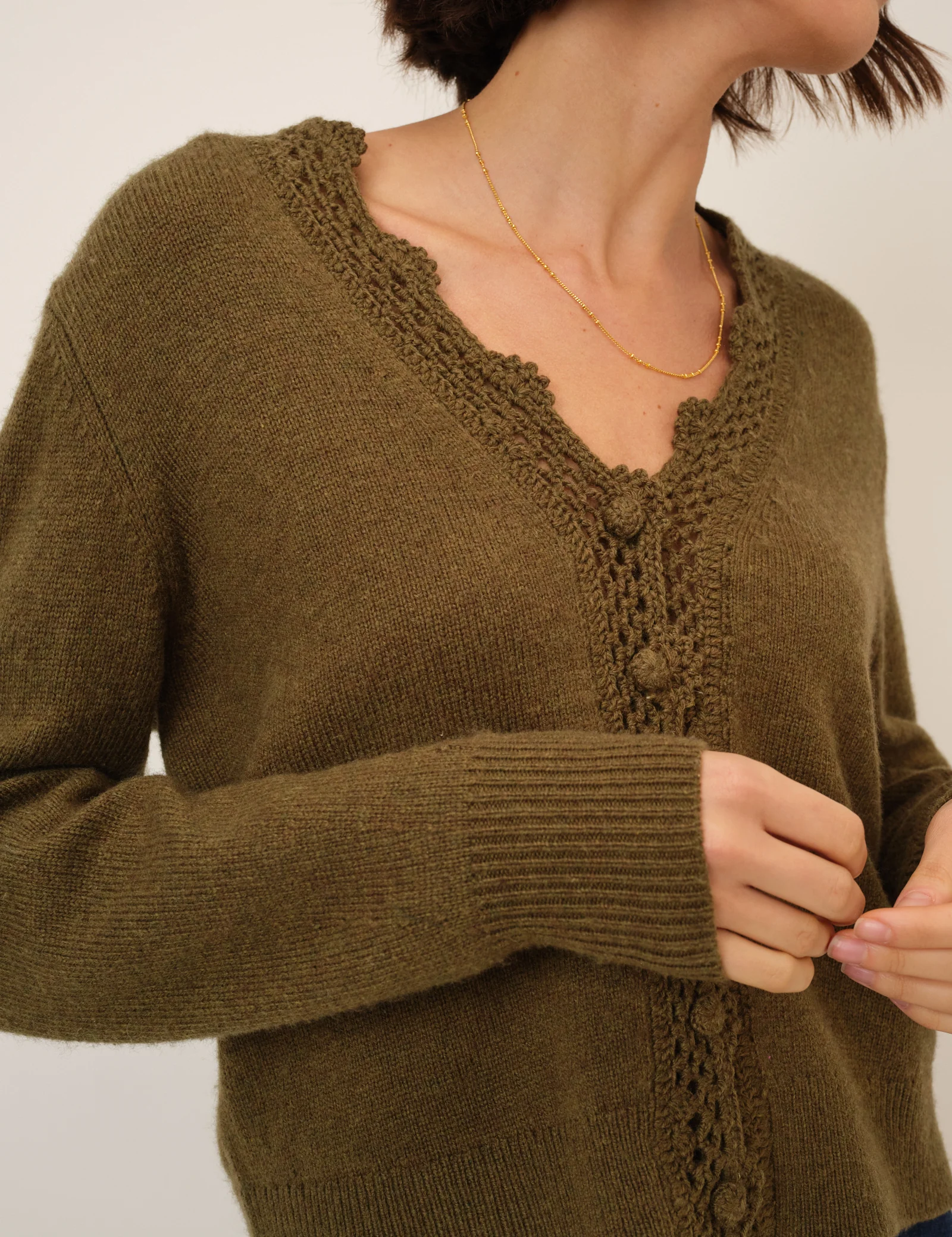 Khaki Wool Blend Crochet Trim V-Neck Cardigan - Image 2