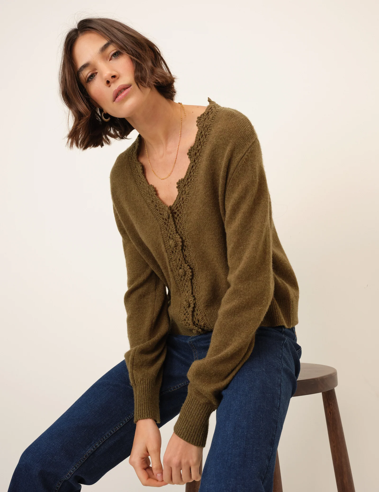Khaki Wool Blend Crochet Trim V-Neck Cardigan - Image 3
