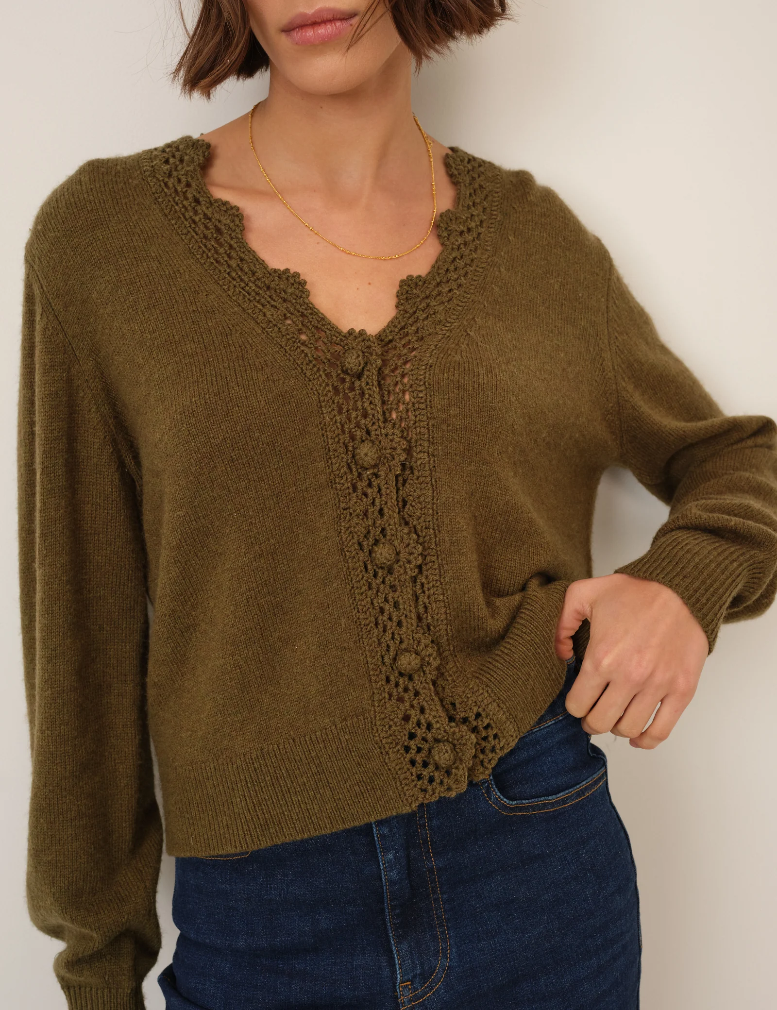 Khaki Wool Blend Crochet Trim V-Neck Cardigan - Image 4