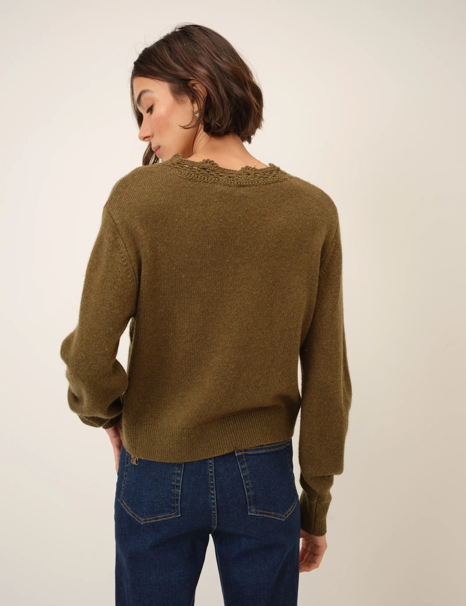 Khaki Wool Blend Crochet Trim V-Neck Cardigan - Image 5