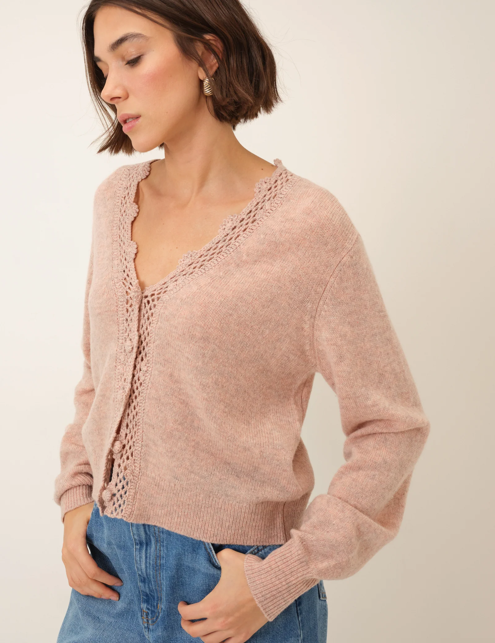 Pink Crochet Trim V-Neck Cardigan - Image 3