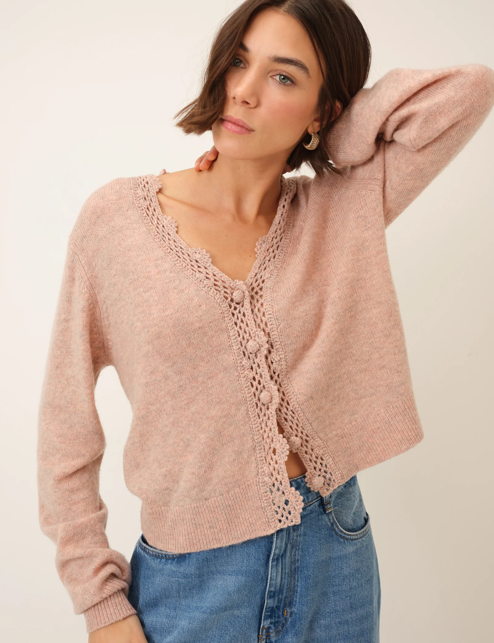 Pink Crochet Trim V-Neck Cardigan - Image 4