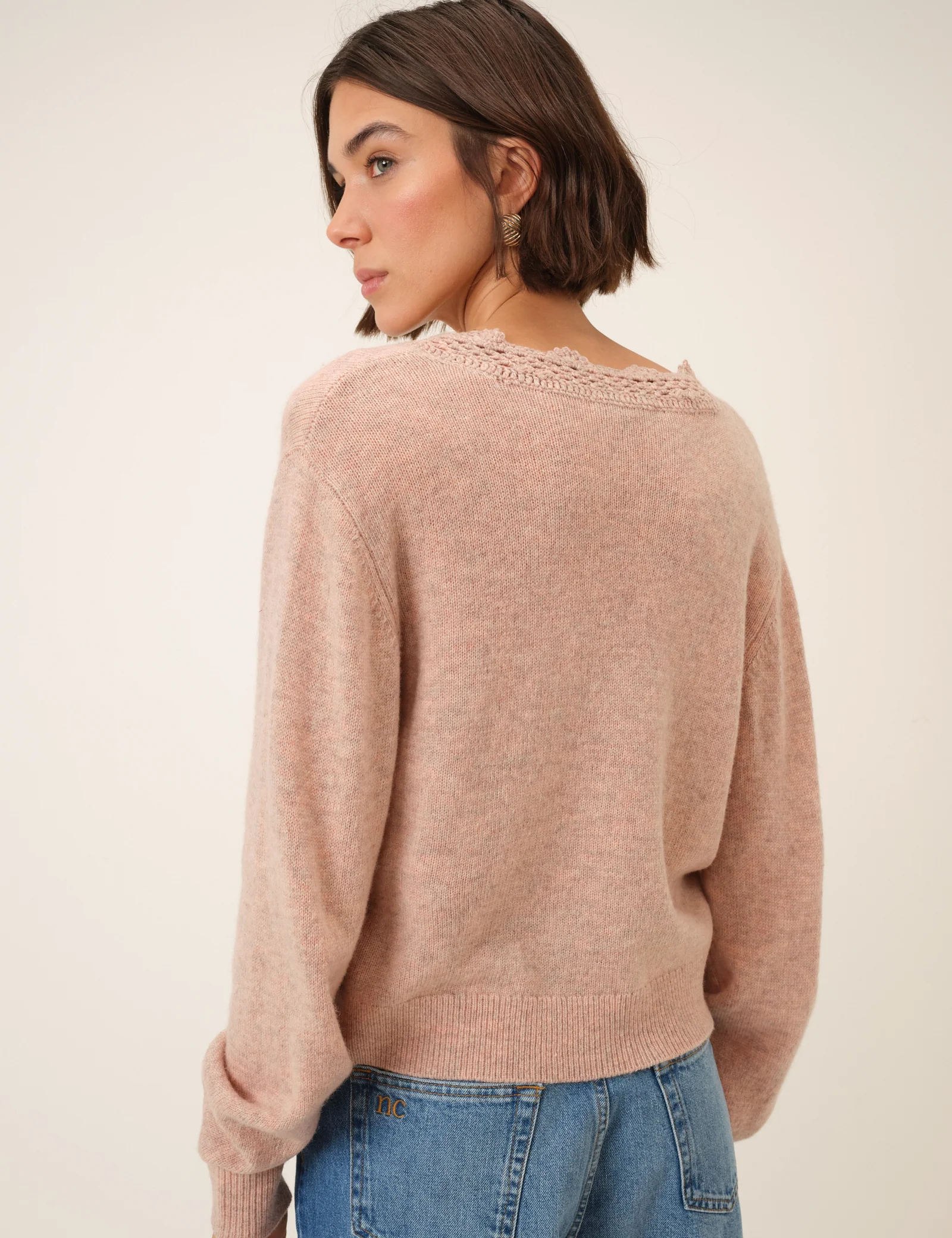 Pink Crochet Trim V-Neck Cardigan - Image 5