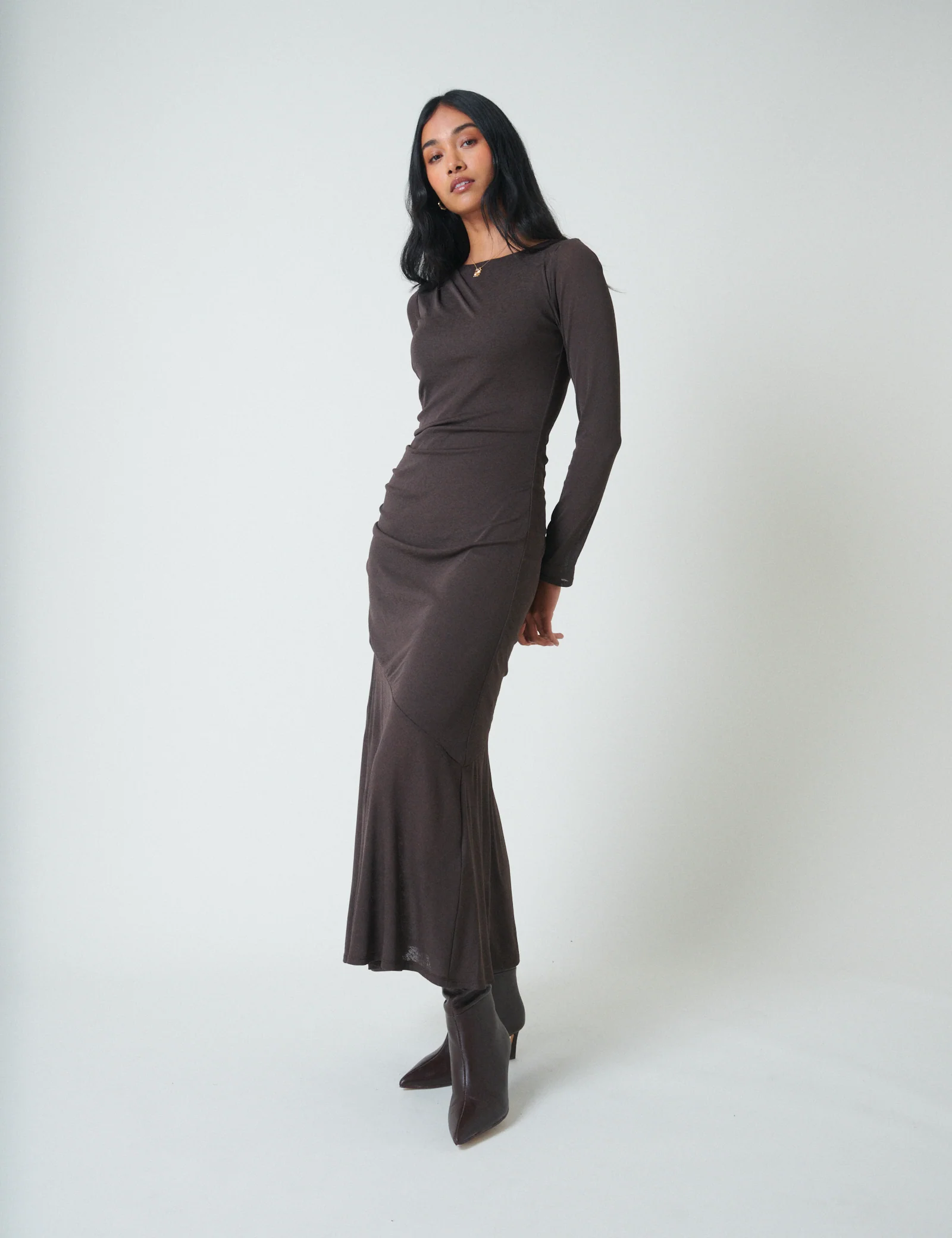 Brown Long Sleeve Draped Tallulah Jersey Midi Dress - Image 2