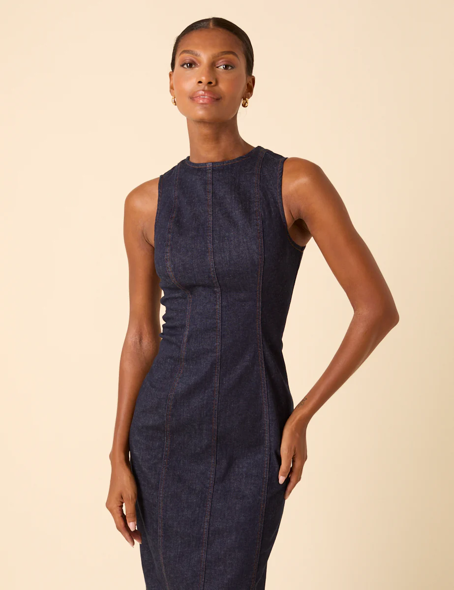 Dark Blue Denim Sleeveless Stretch Column Midi Dress - Image 2