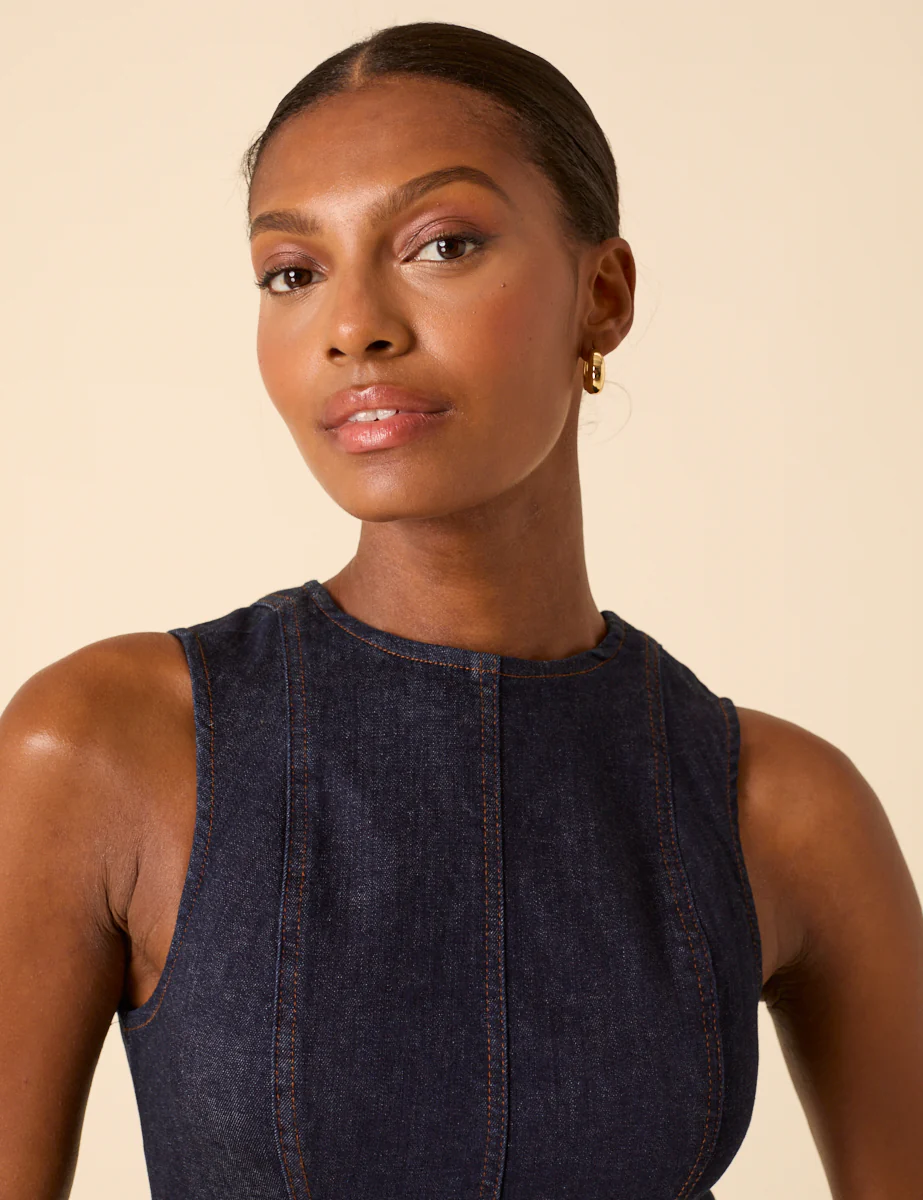 Dark Blue Denim Sleeveless Stretch Column Midi Dress - Image 4
