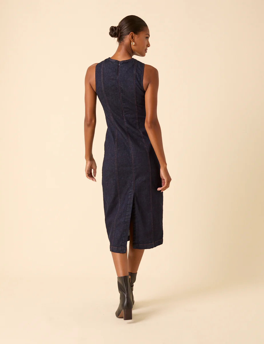 Dark Blue Denim Sleeveless Stretch Column Midi Dress - Image 5