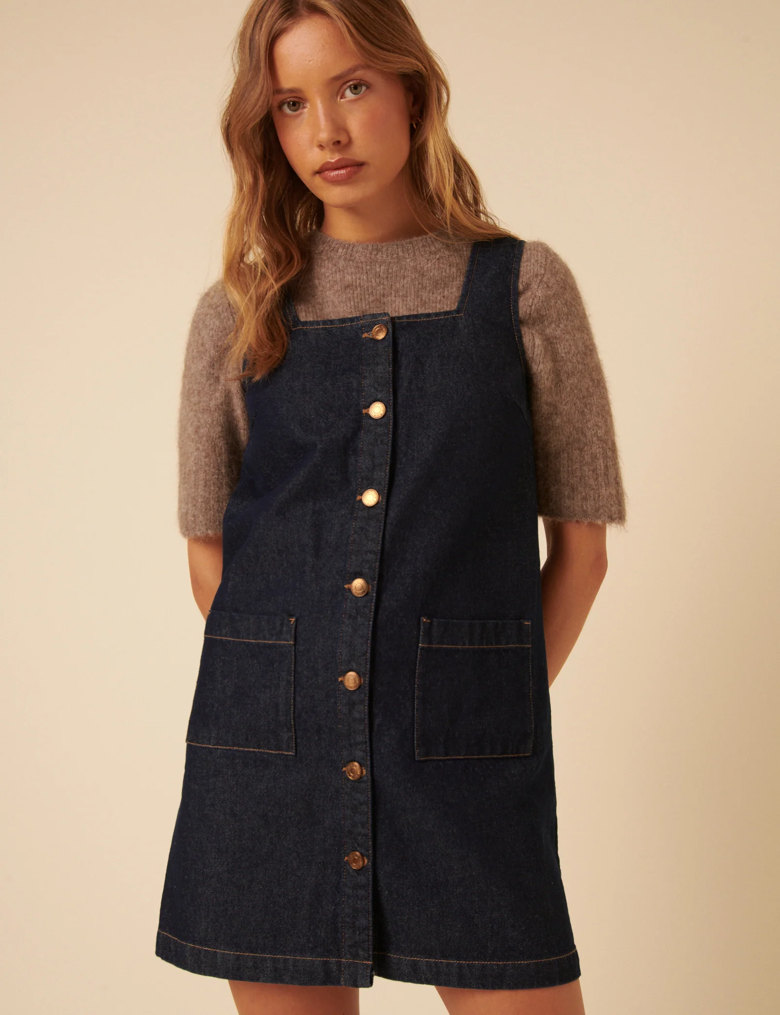 Dark Blue Denim Danni Pinafore Mini Dress - Image 2