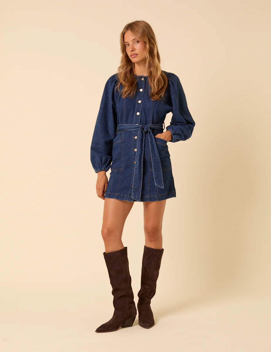 Dark Blue Denim Carlee Tie Waist Mini Dress