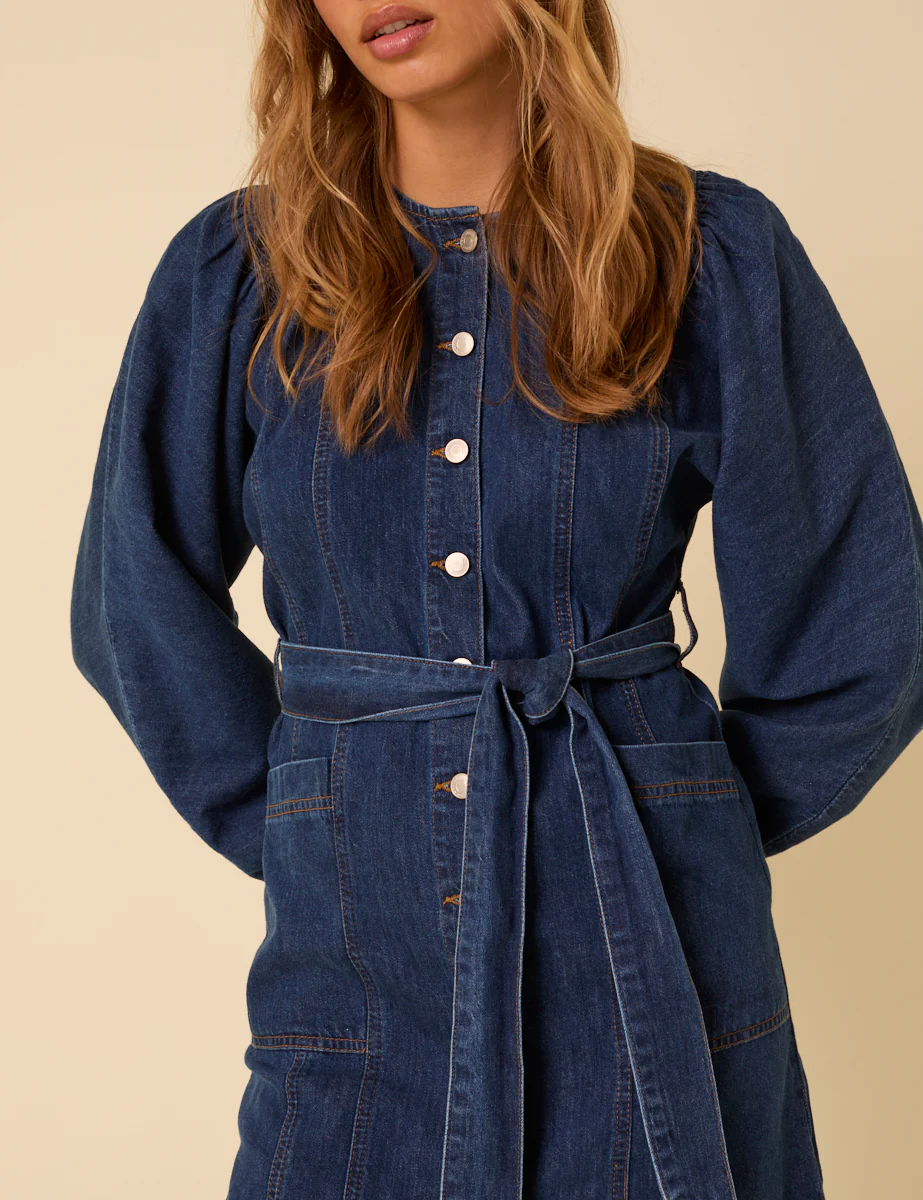 Dark Blue Denim Carlee Tie Waist Mini Dress - Image 4