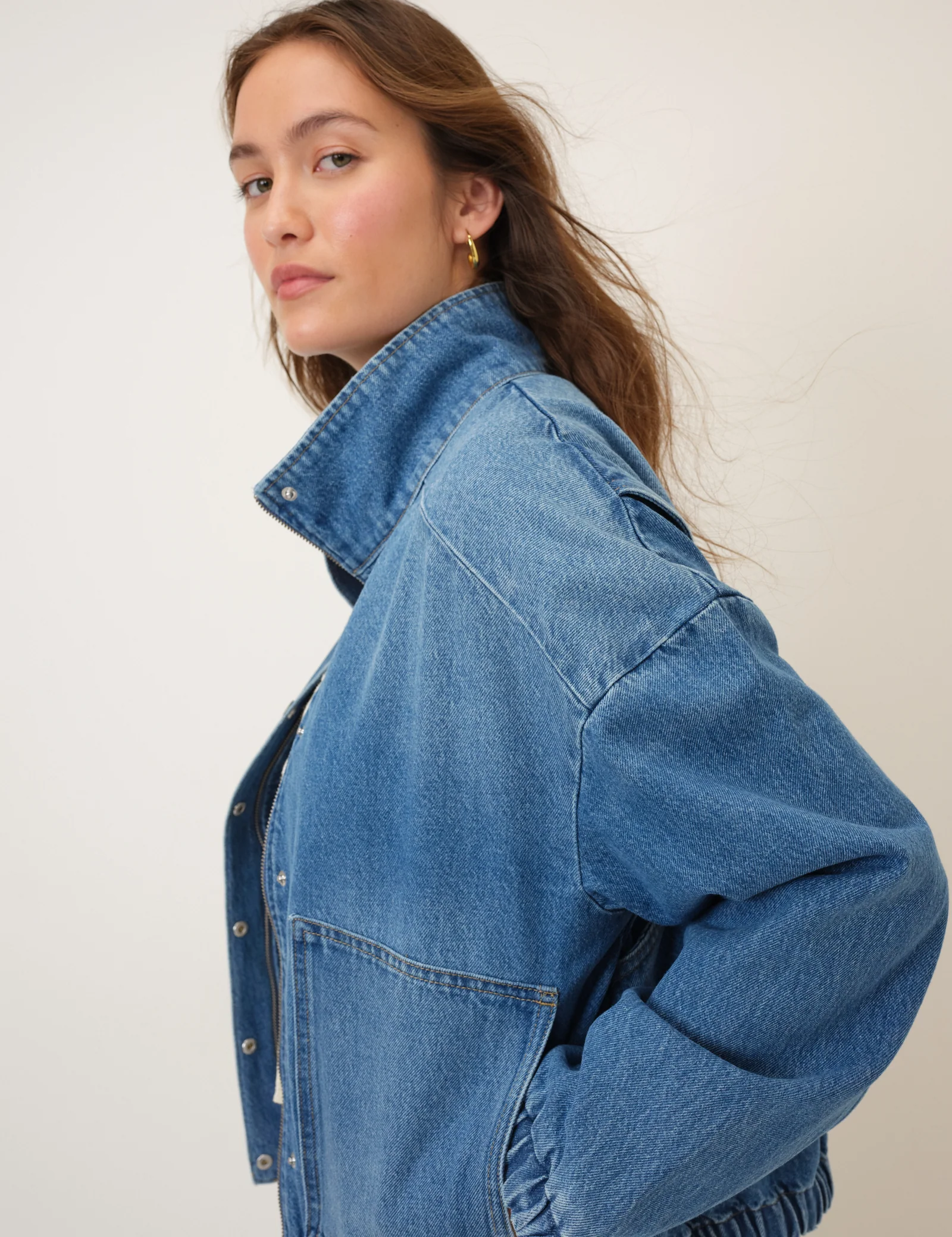 Denim Funnel Neck Bomber Jacket - Image 3