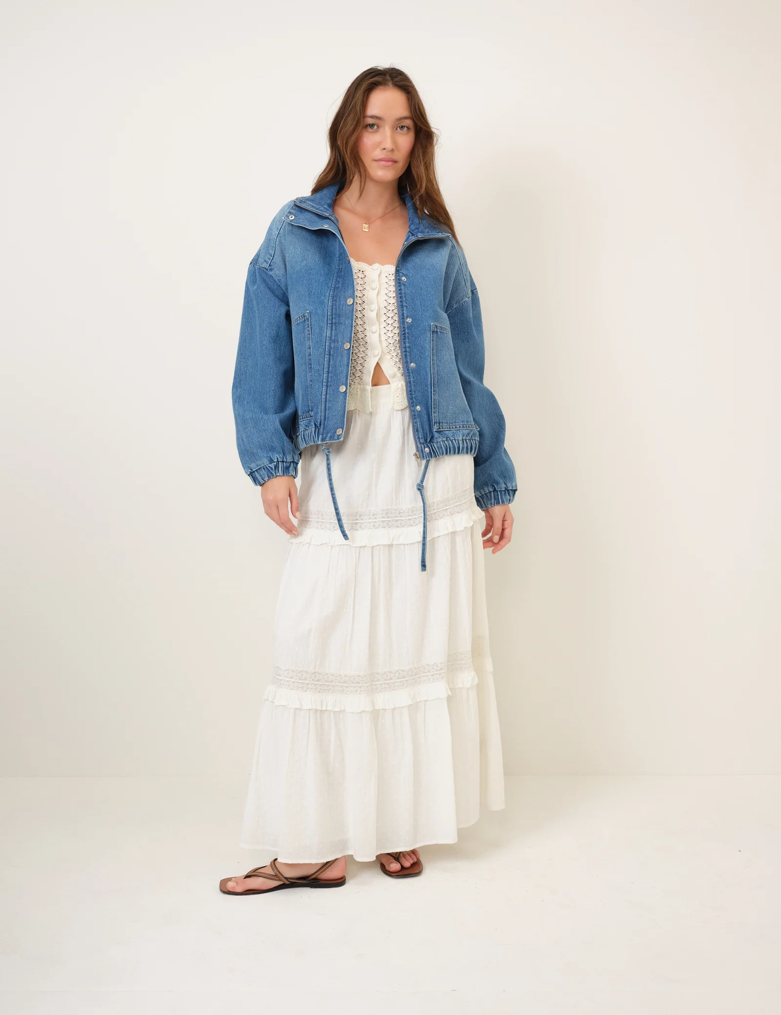 Denim Funnel Neck Bomber Jacket - Image 4