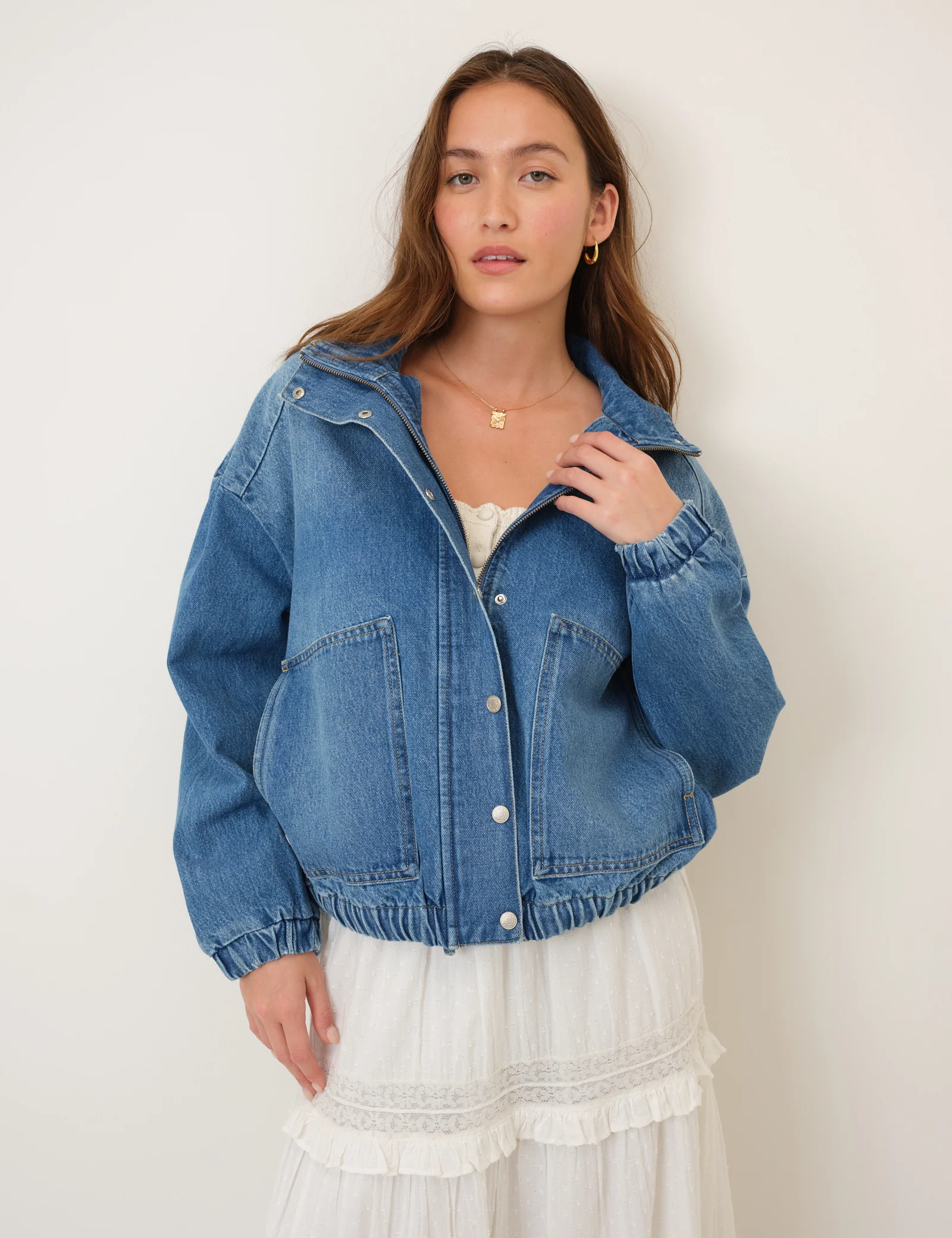 Denim Funnel Neck Bomber Jacket - Image 5