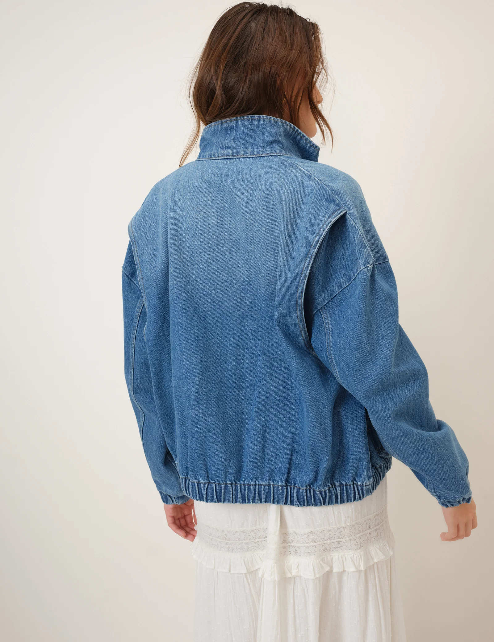 Denim Funnel Neck Bomber Jacket - Image 6