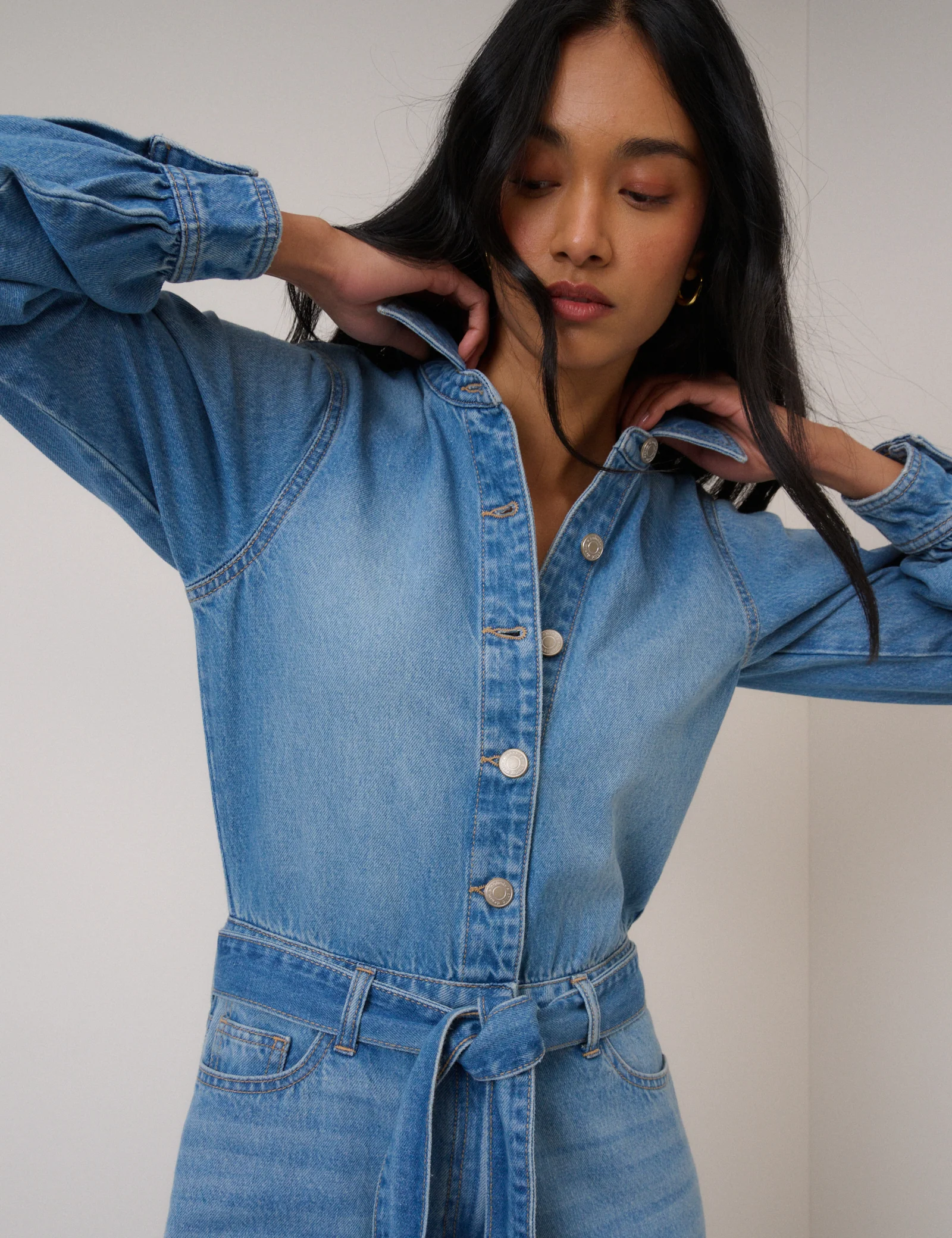 Denim Tie Waist Jumpsuit - Image 4