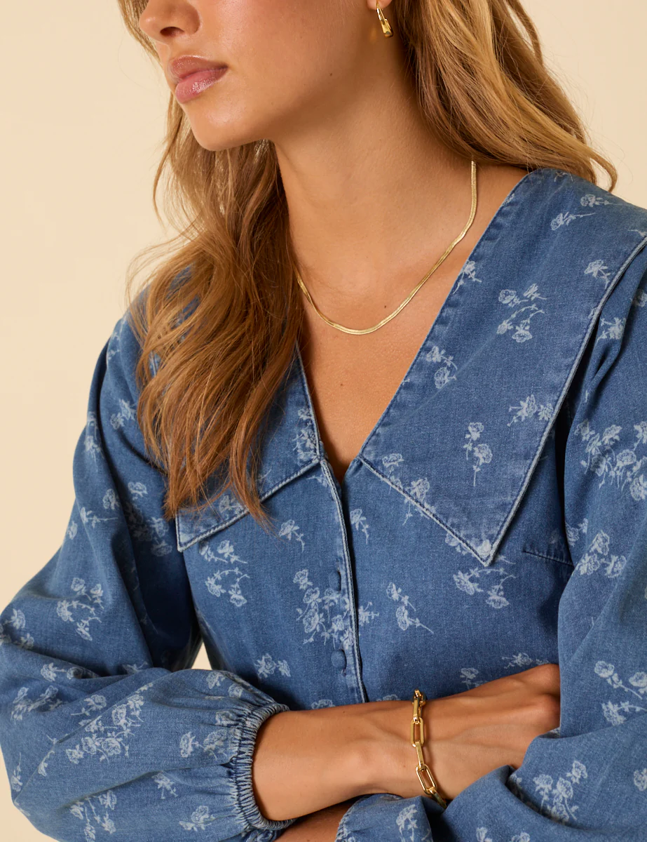 Denim Long Sleeve Floral Printed Blouse - Image 3