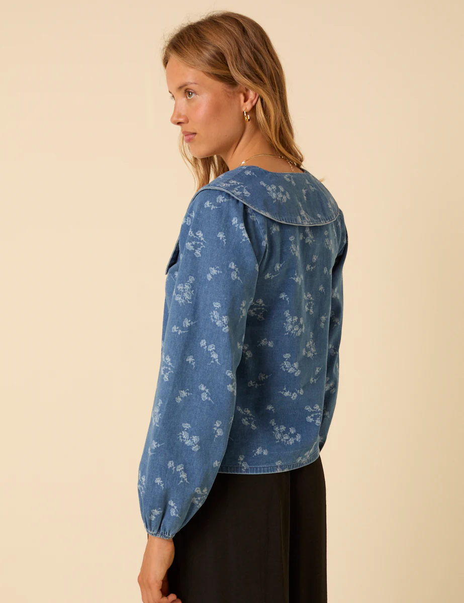 Denim Long Sleeve Floral Printed Blouse - Image 5