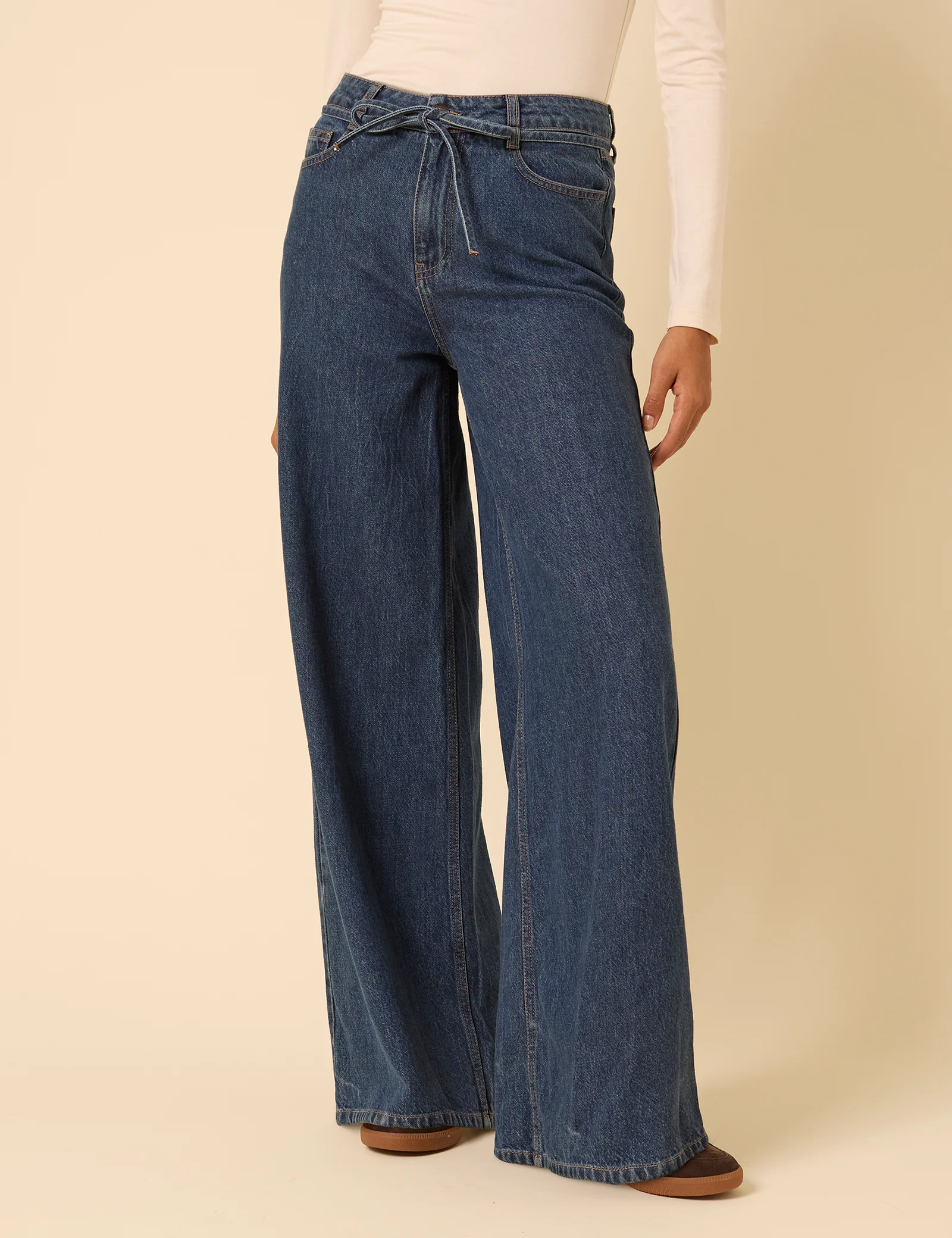 Dark Blue High Rise Tie Waist Wide Leg Jeans - Image 3