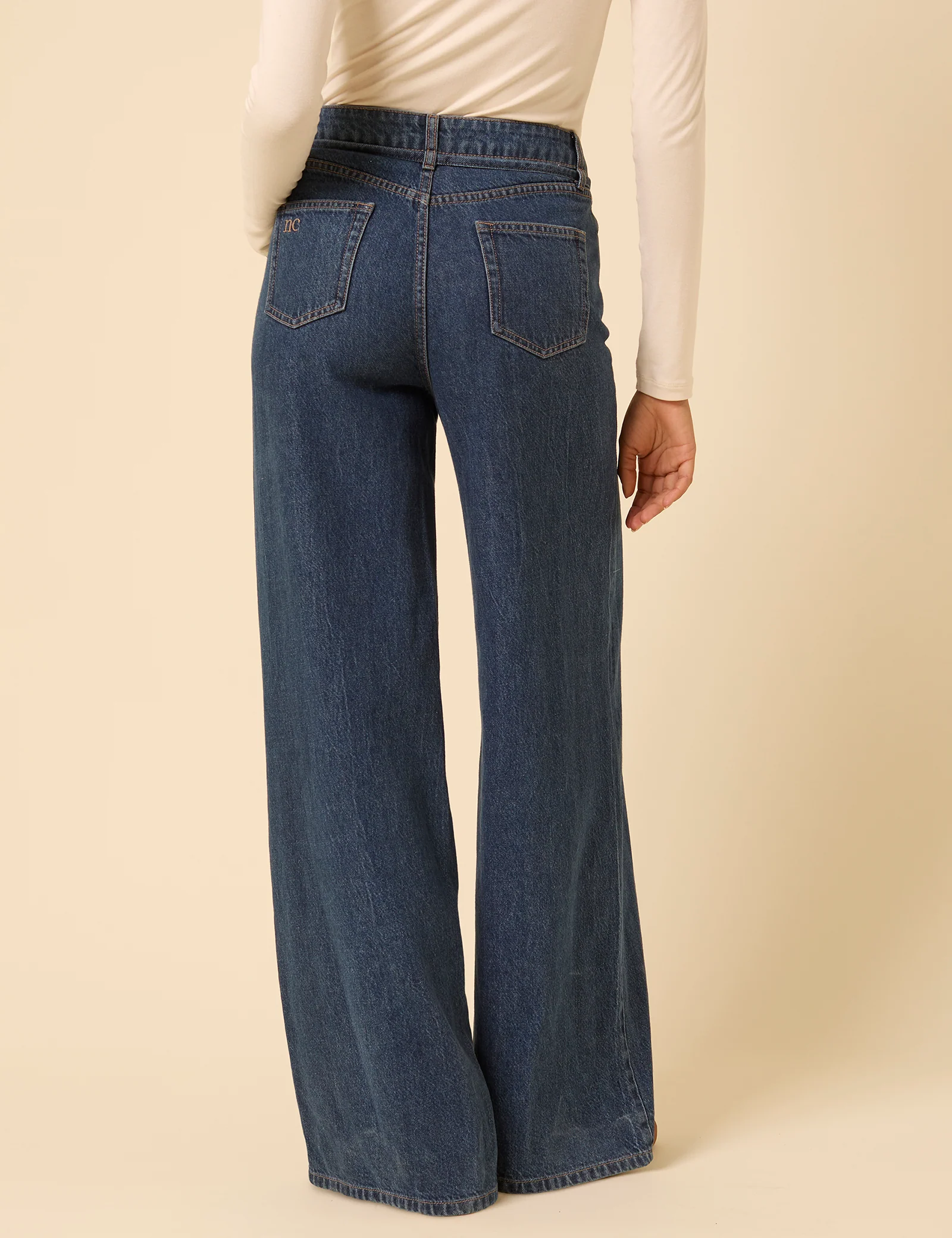 Dark Blue High Rise Tie Waist Wide Leg Jeans - Image 6