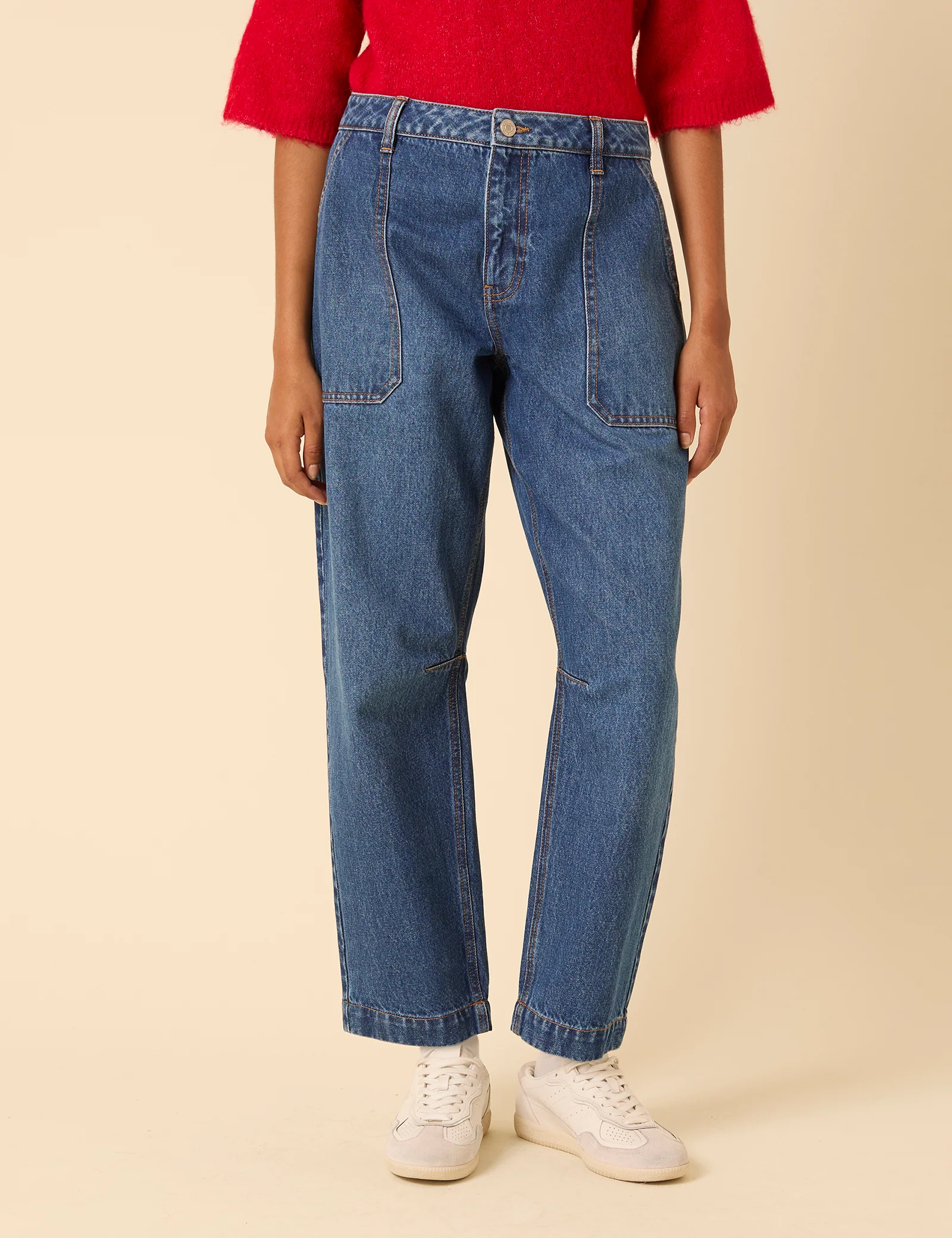 Blue Mid Rise Utility Barrel Leg Jeans - Image 4