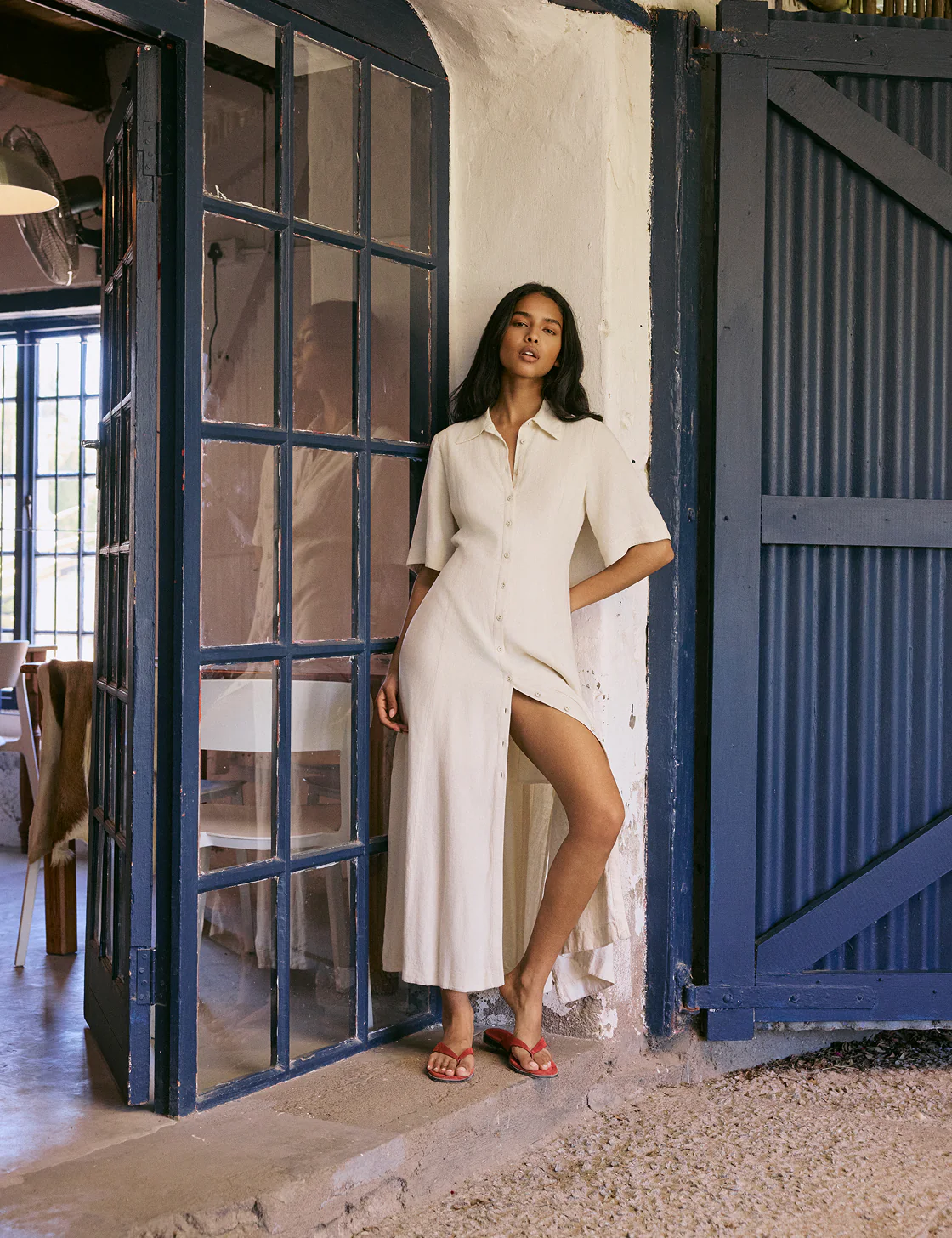 Cream Linen-Blend Dillon Shirt Dress