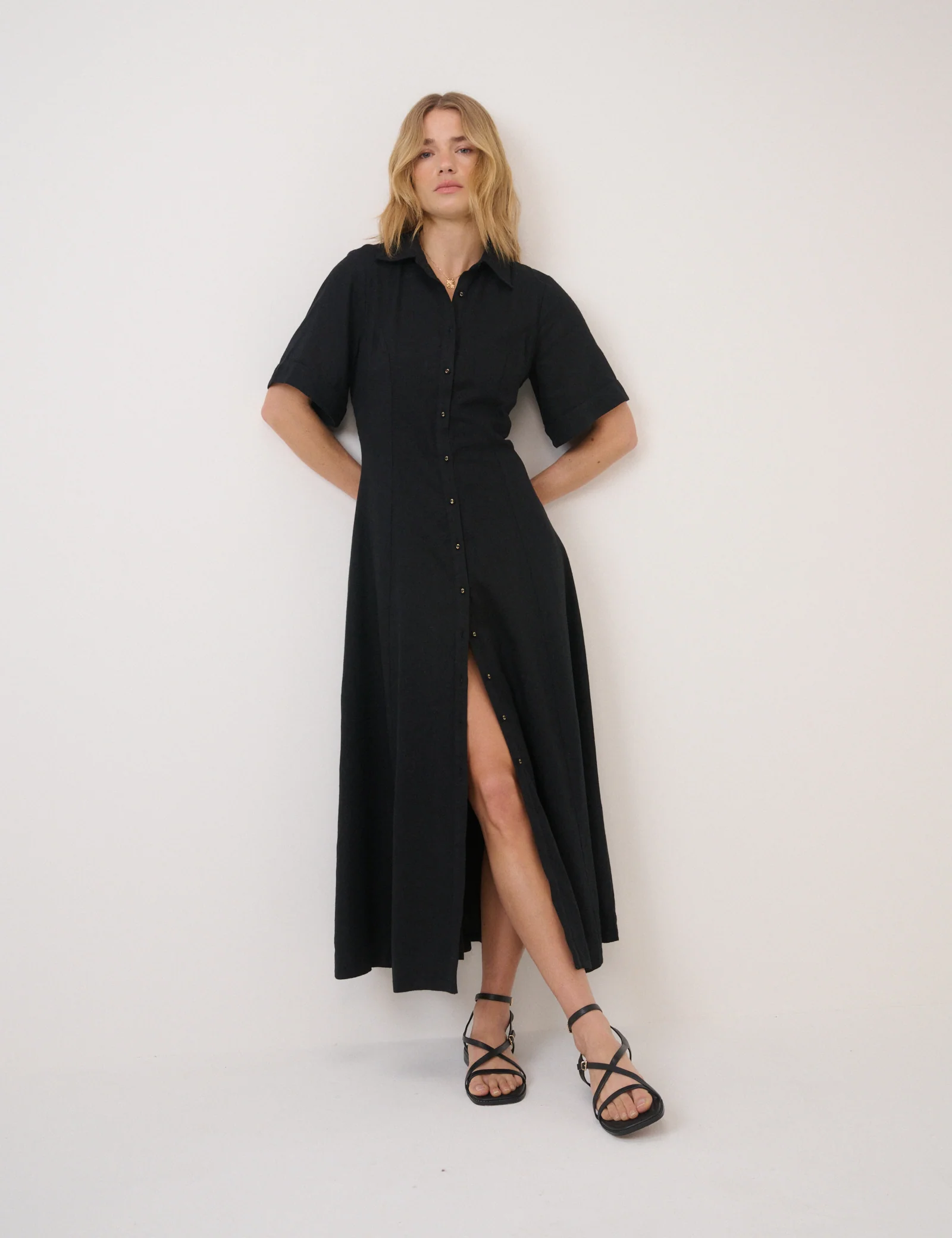 Black Short Sleeve Linen-Blend Dillon Shirt Dress