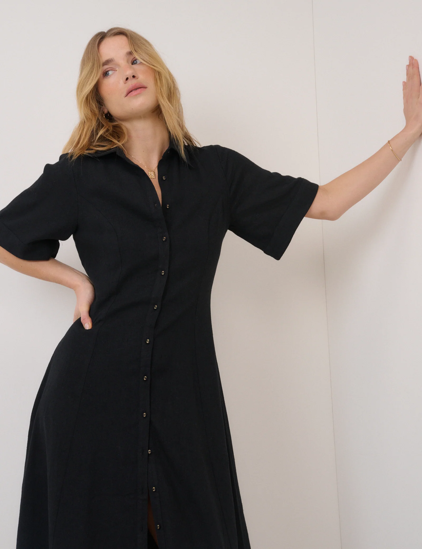 Black Short Sleeve Linen-Blend Dillon Shirt Dress - Image 5