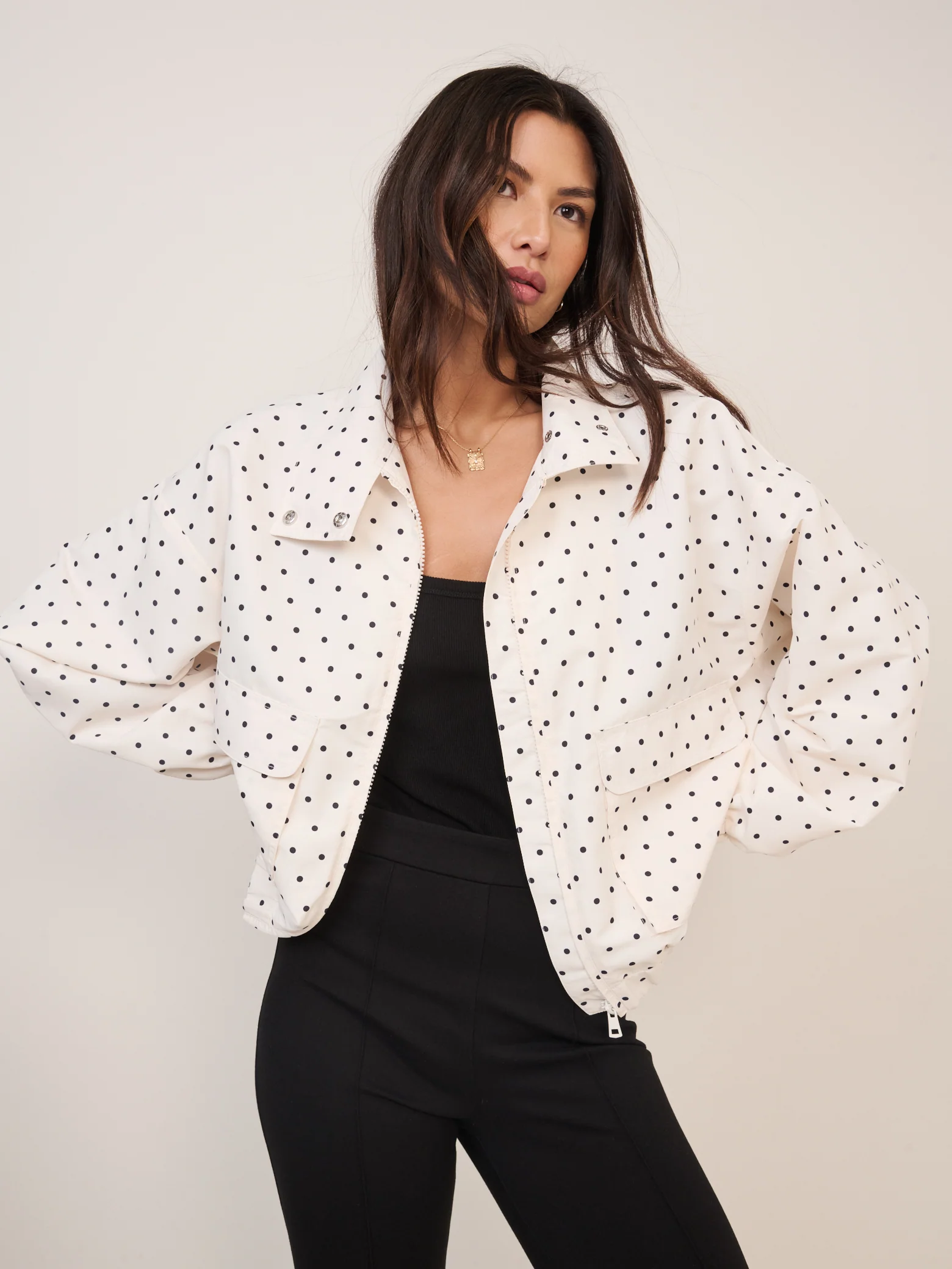 White Polka Dot Funnel Neck Windbreaker Jacket - Image 3