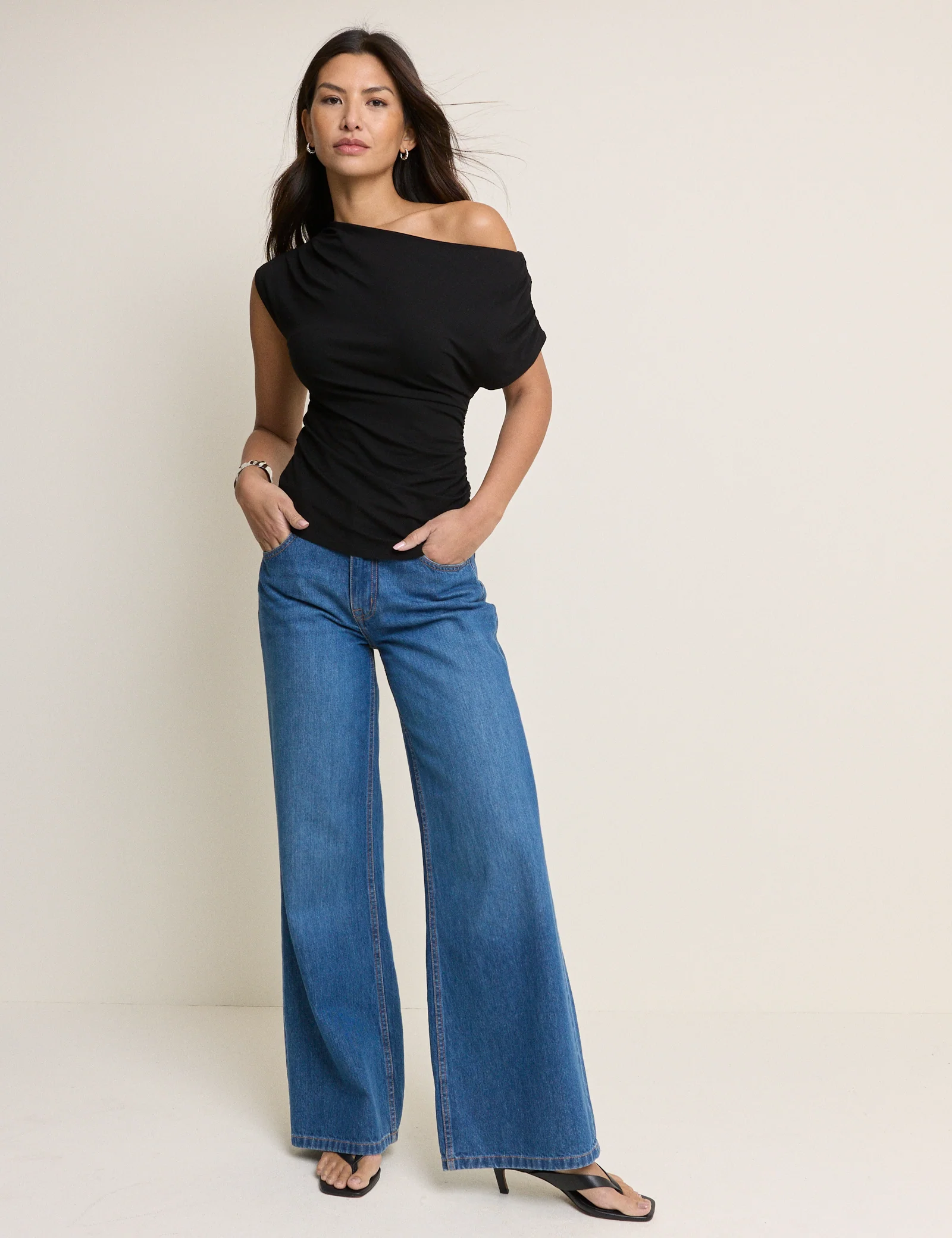 Black Draped Off Shoulder Jersey Top - Image 3