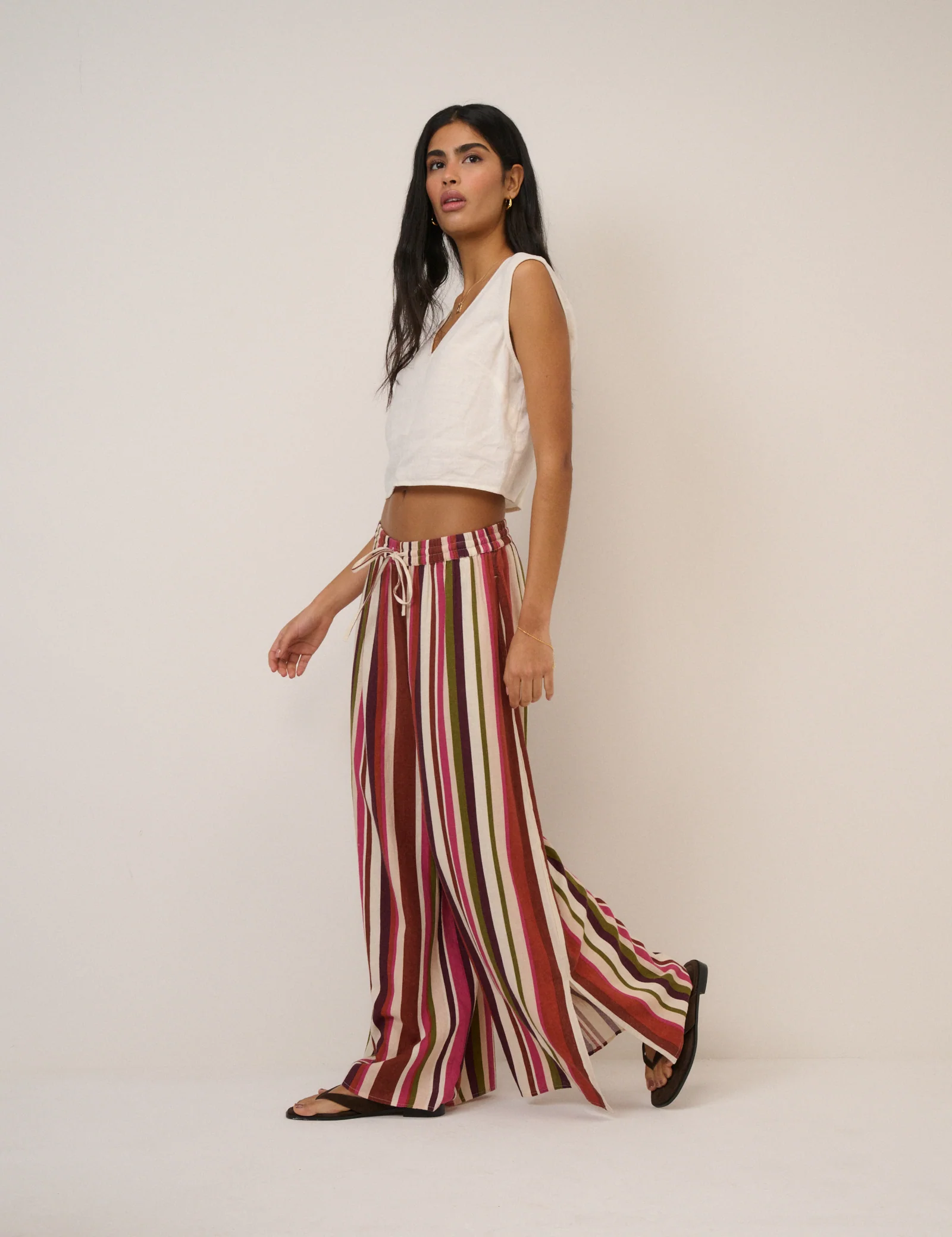 Multi-Coloured Striped Split Hem Wide Leg Trousers - Image 4