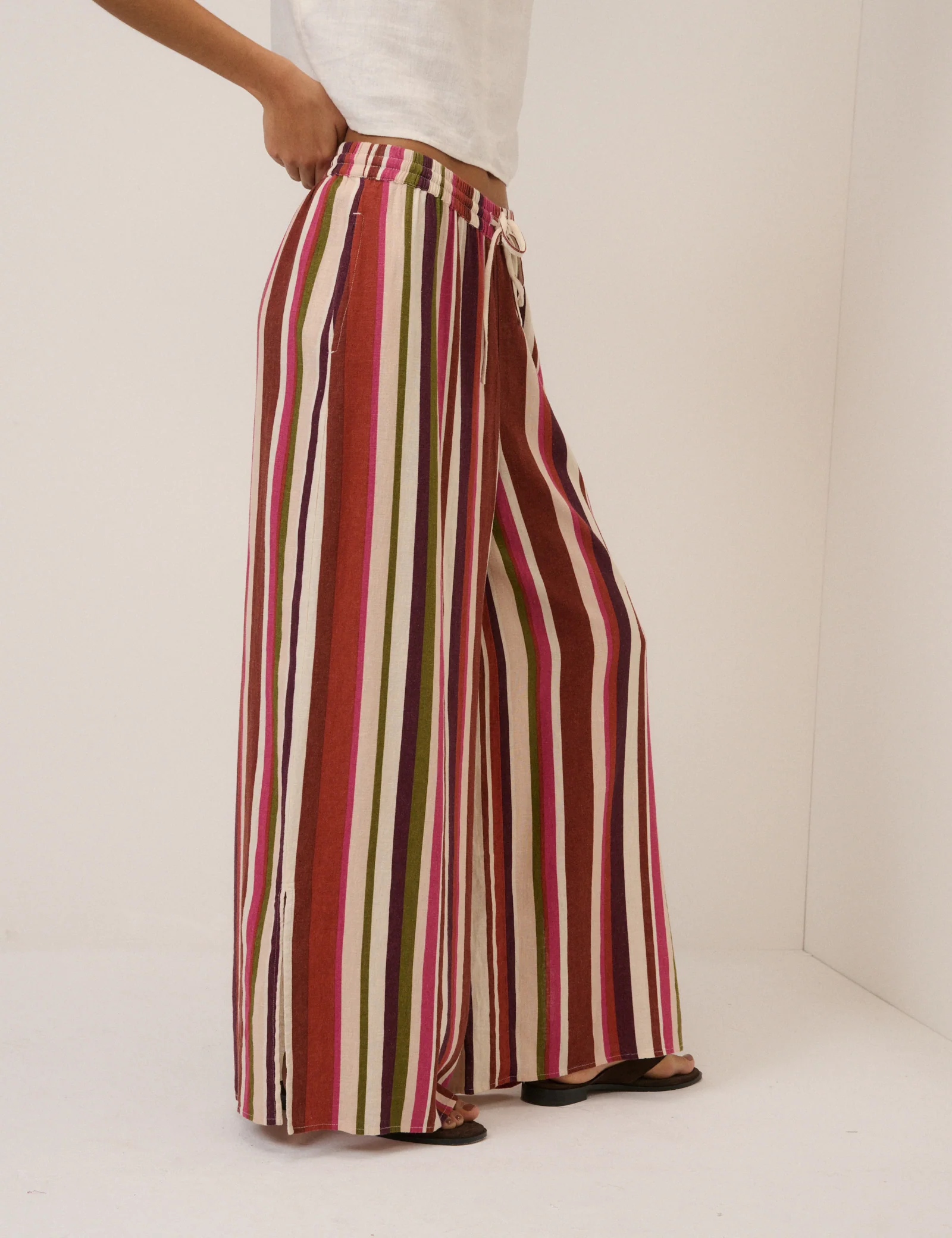 Multi-Coloured Striped Split Hem Wide Leg Trousers - Image 5