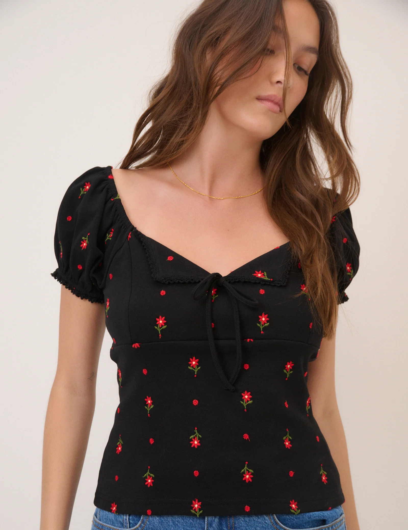 Black Floral Embroidered Milkmaid Top - Image 3