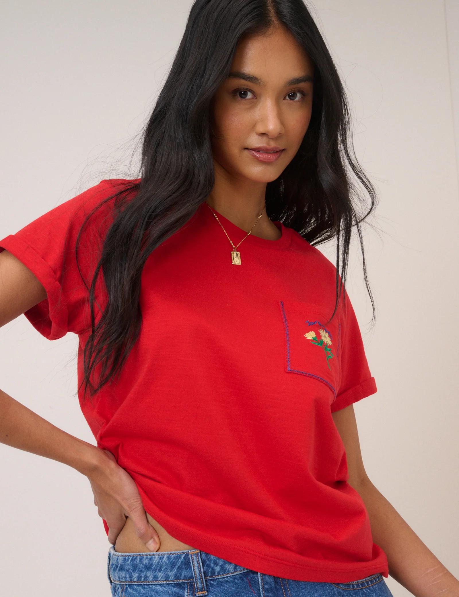 Red Embroidered Pocket T-Shirt - Image 3