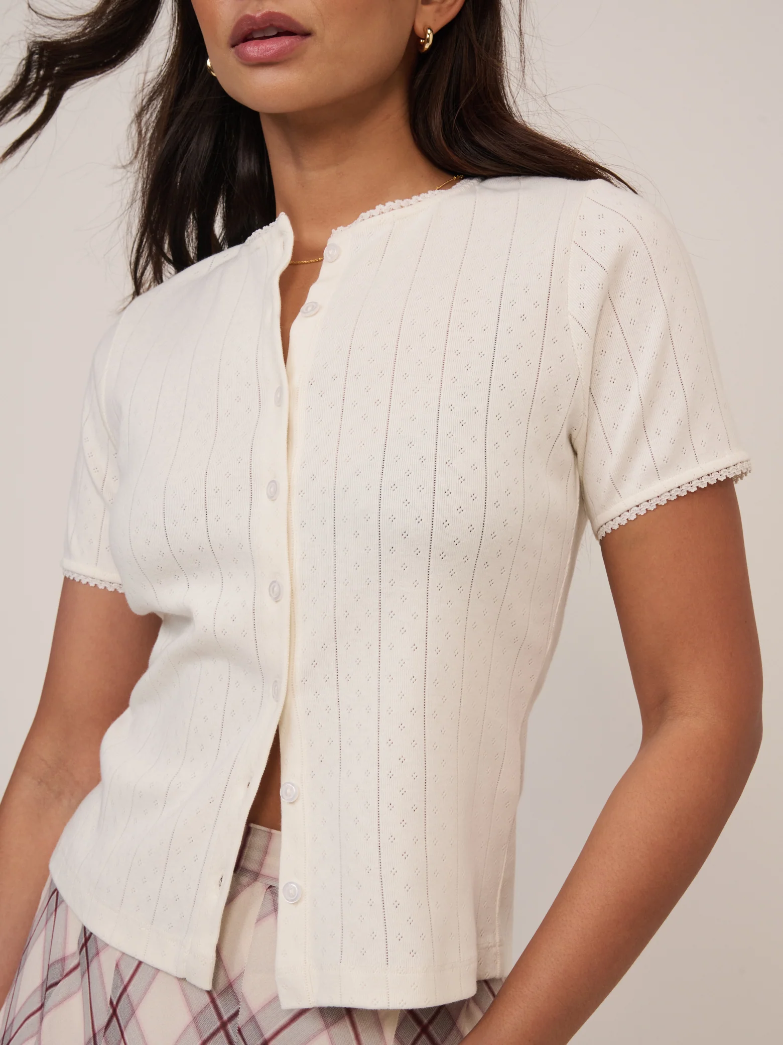 White Pointelle Short Sleeve Top - Image 2