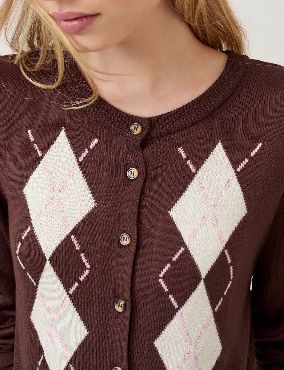 Brown Argyle Print Cardigan - Image 3
