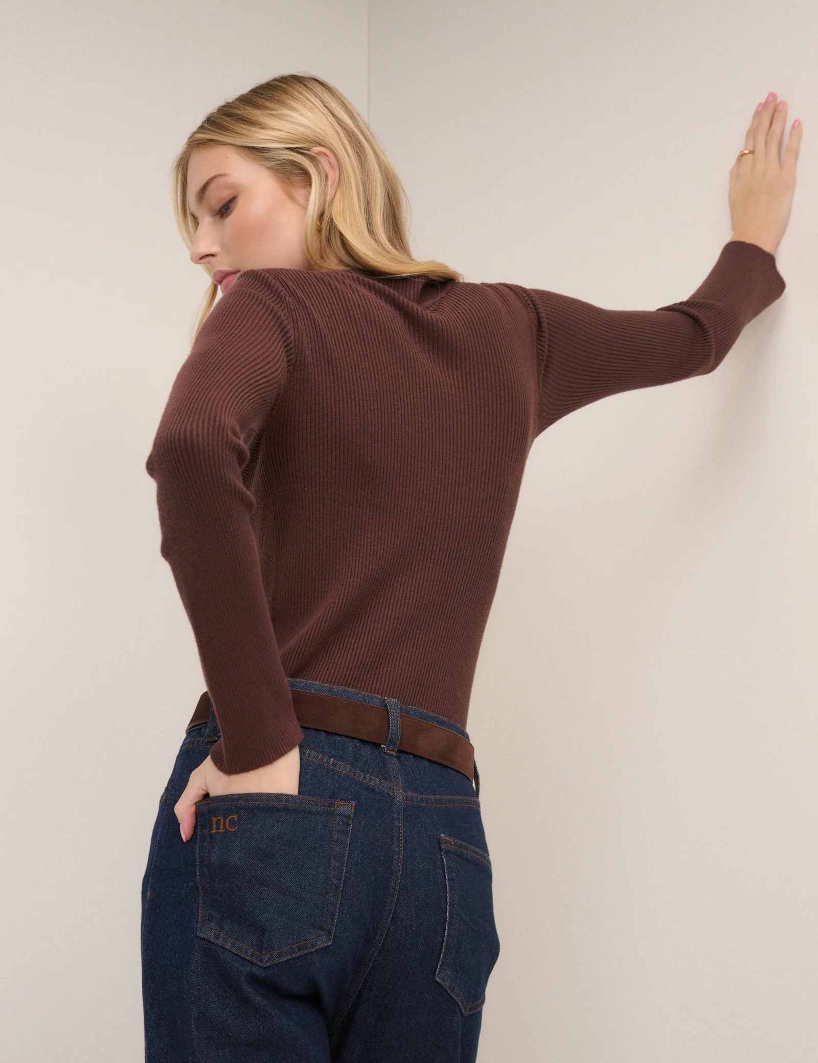 Brown Ribbed Knitted Mock Neck Top - Image 5