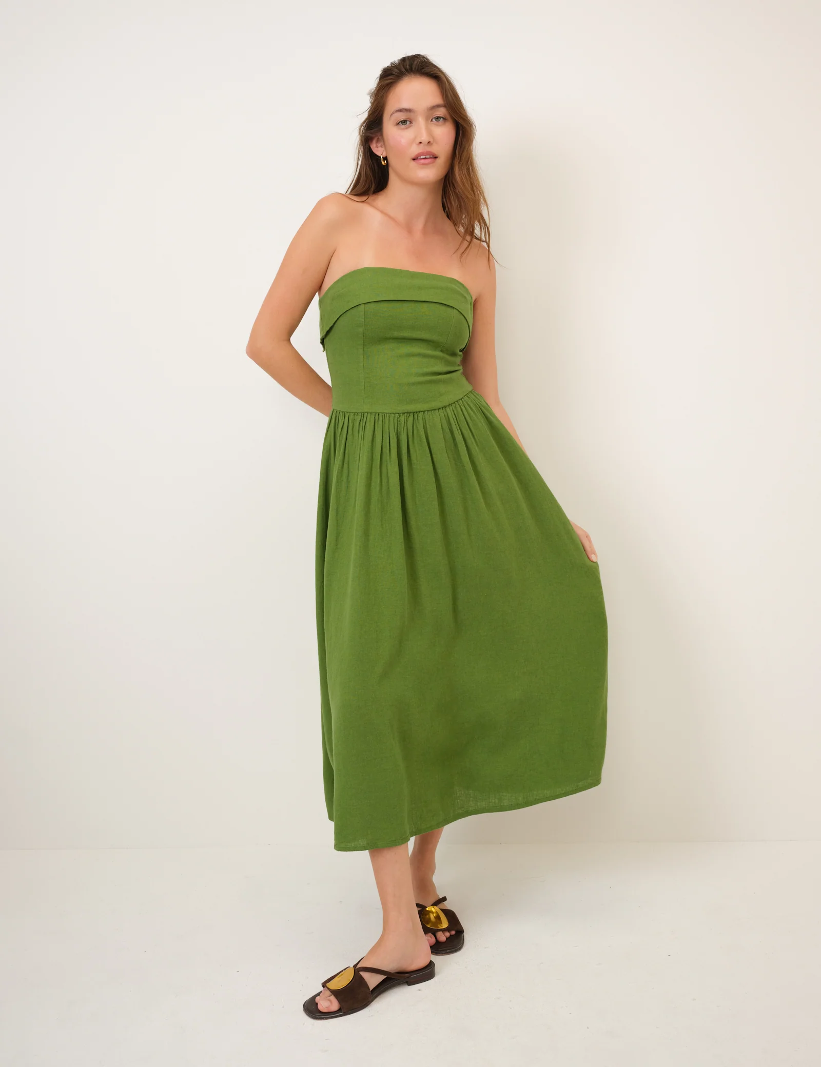 Green Linen-Blend Bandeau Fia Midi Dress - Image 2