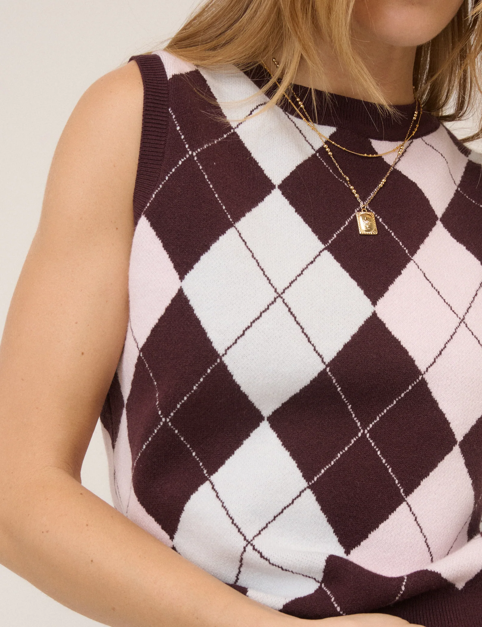 Pink And Brown Knitted Argyle Vest Top - Image 3