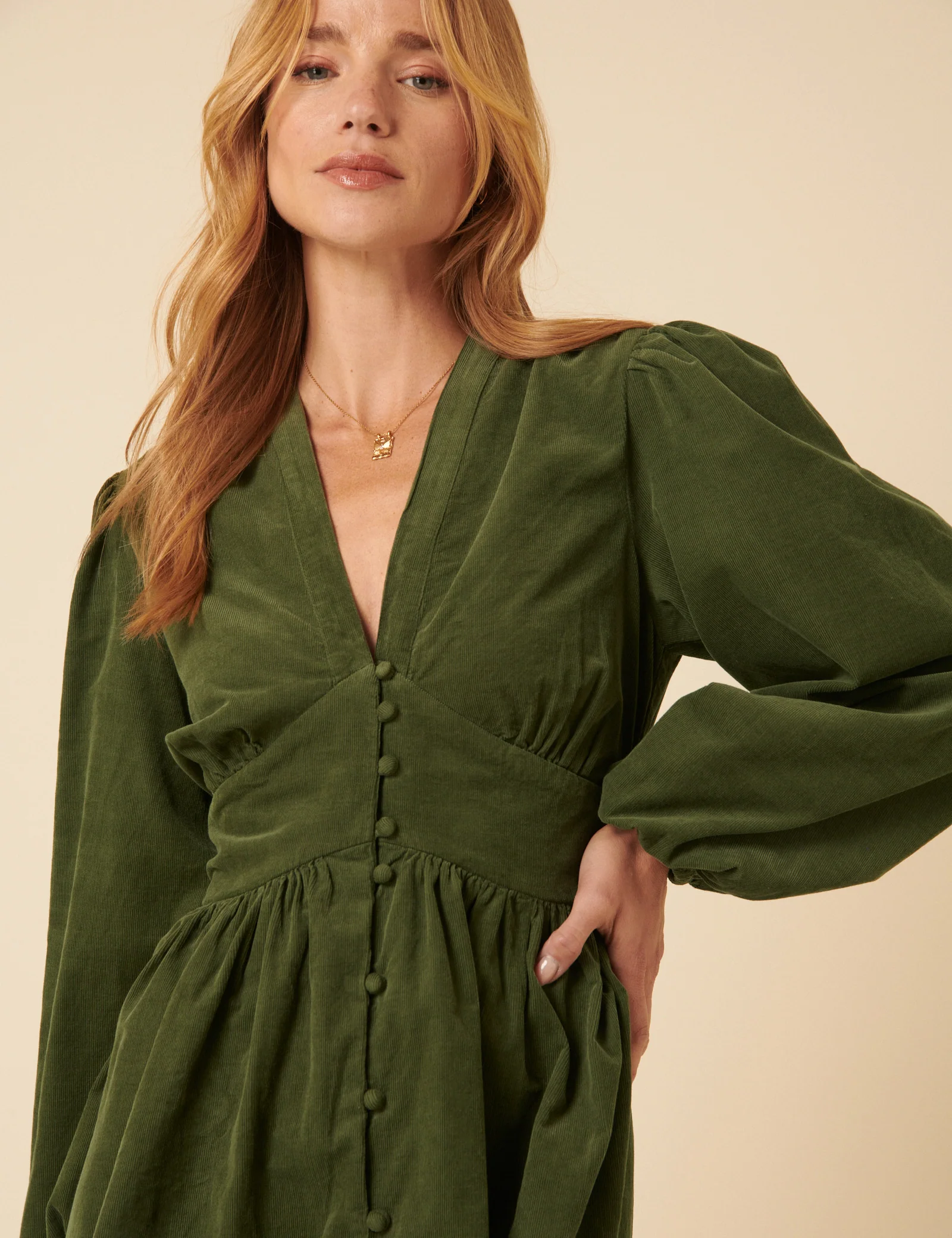 Olive Green Cord Starlight Mini Dress - Image 2