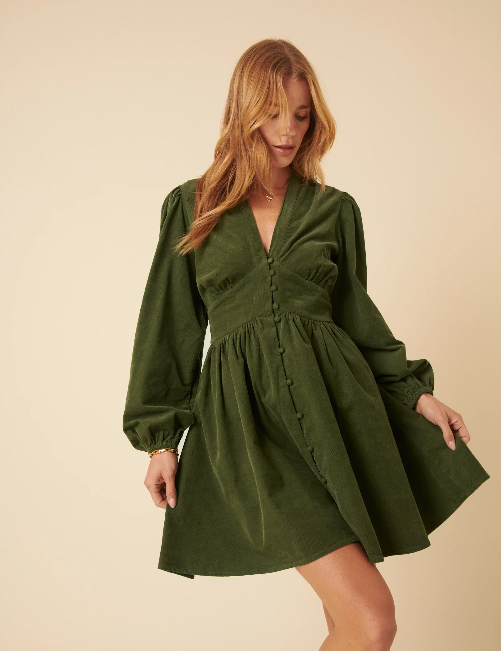 Olive Green Cord Starlight Mini Dress - Image 3