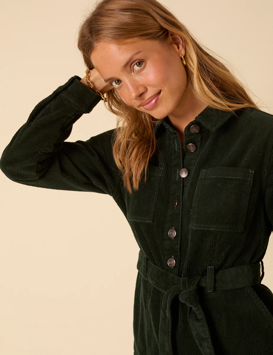 Forest Green Cord Long Sleeve Finchley Mini Dress - Image 4