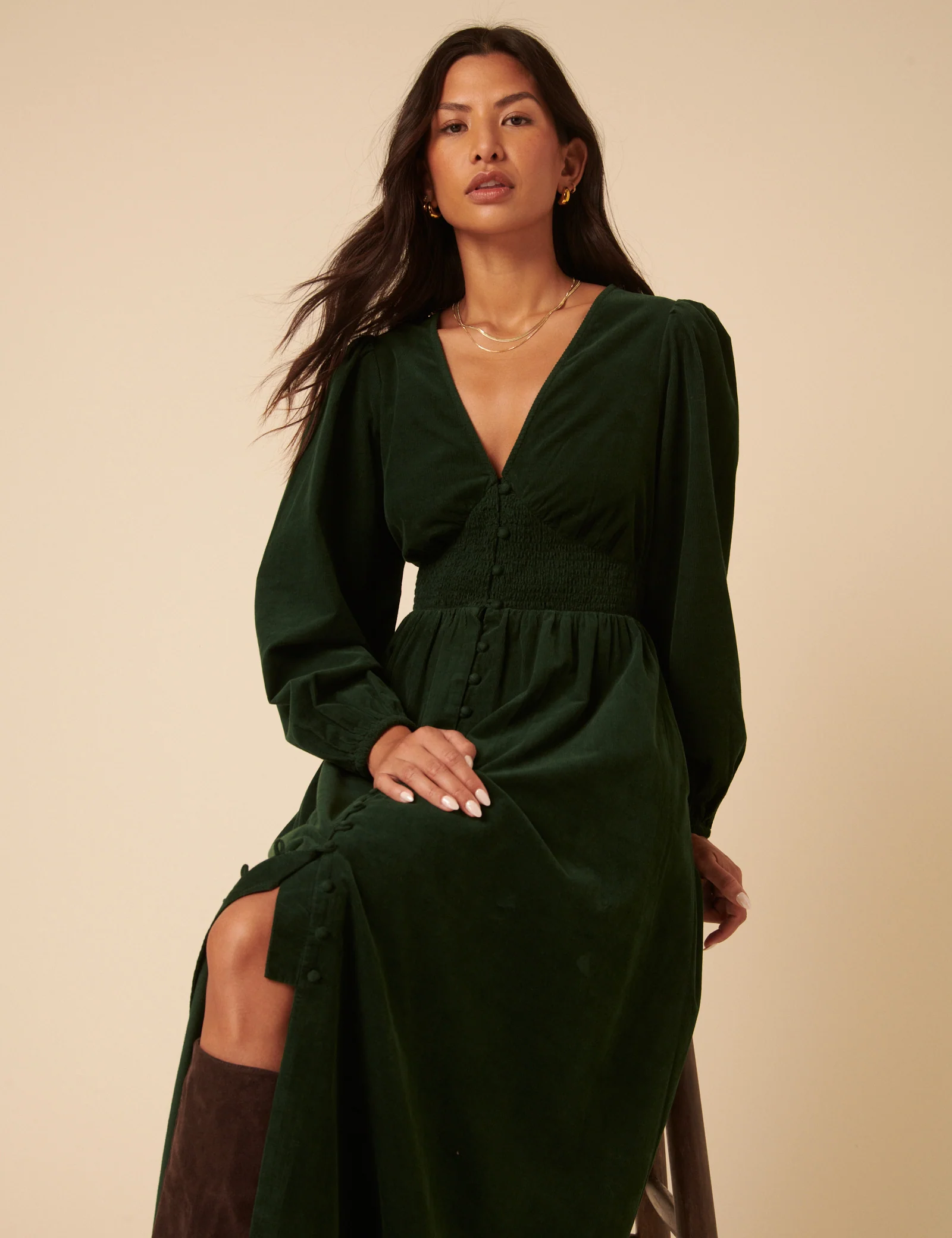 Forest Green Cord Long Sleeve Riley Midi Dress - Image 2