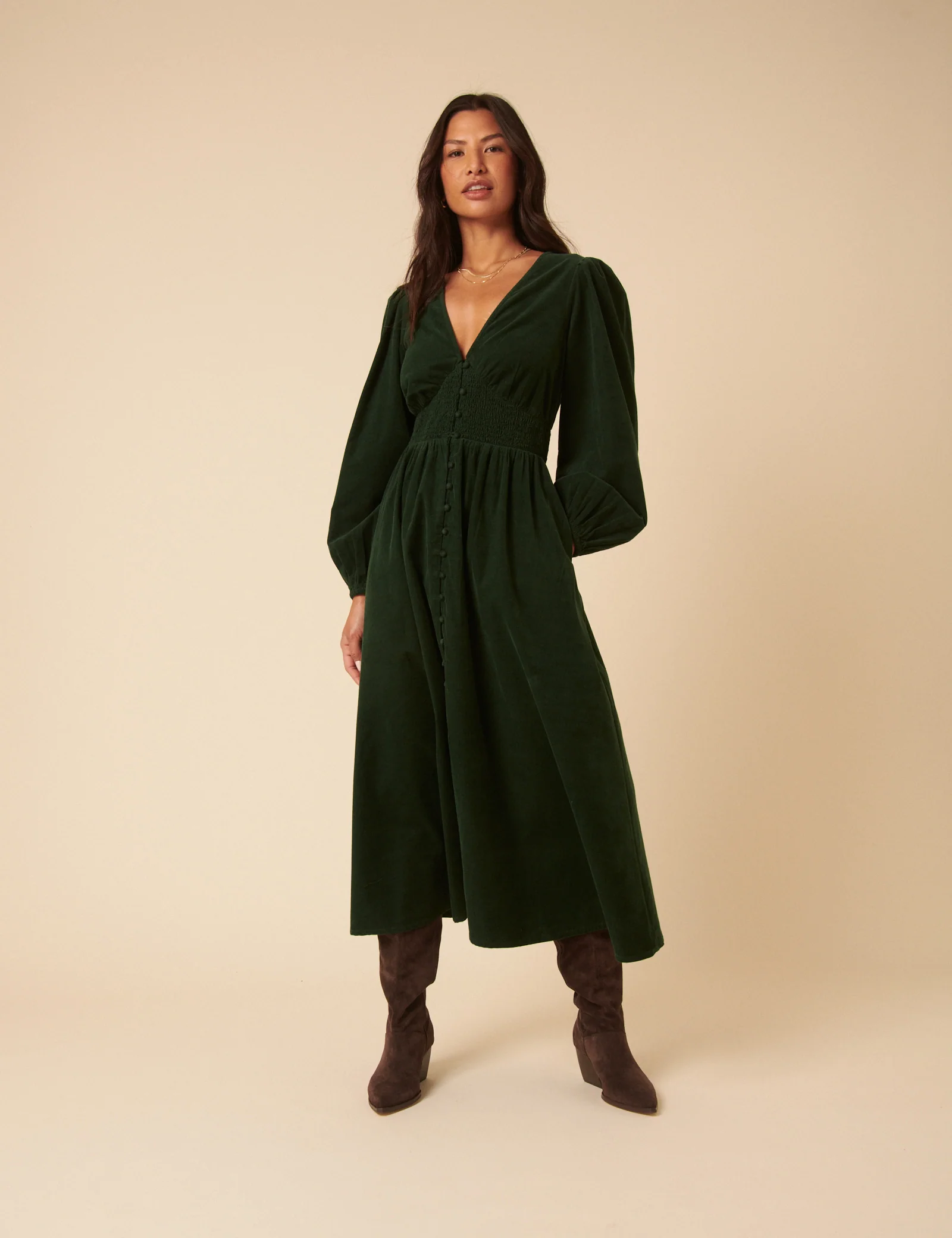Forest Green Cord Long Sleeve Riley Midi Dress - Image 3