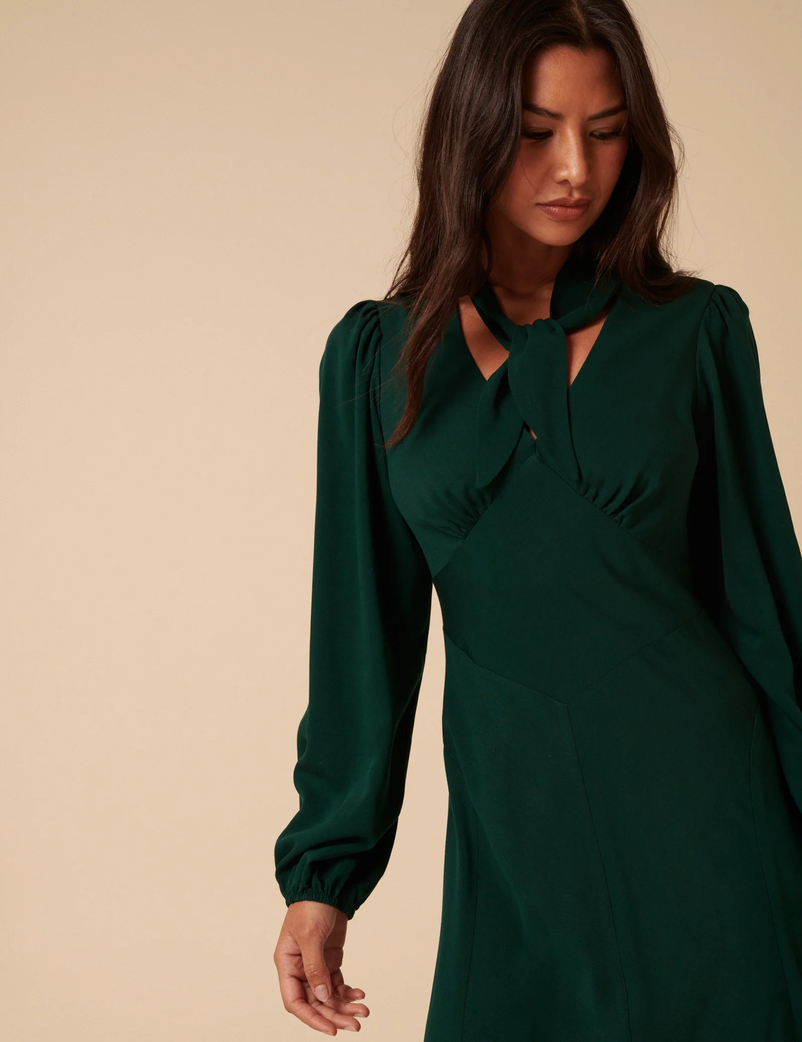 Forest Green Satin Balloon Sleeve Tie Neck Sadie Midi Dress - Image 4