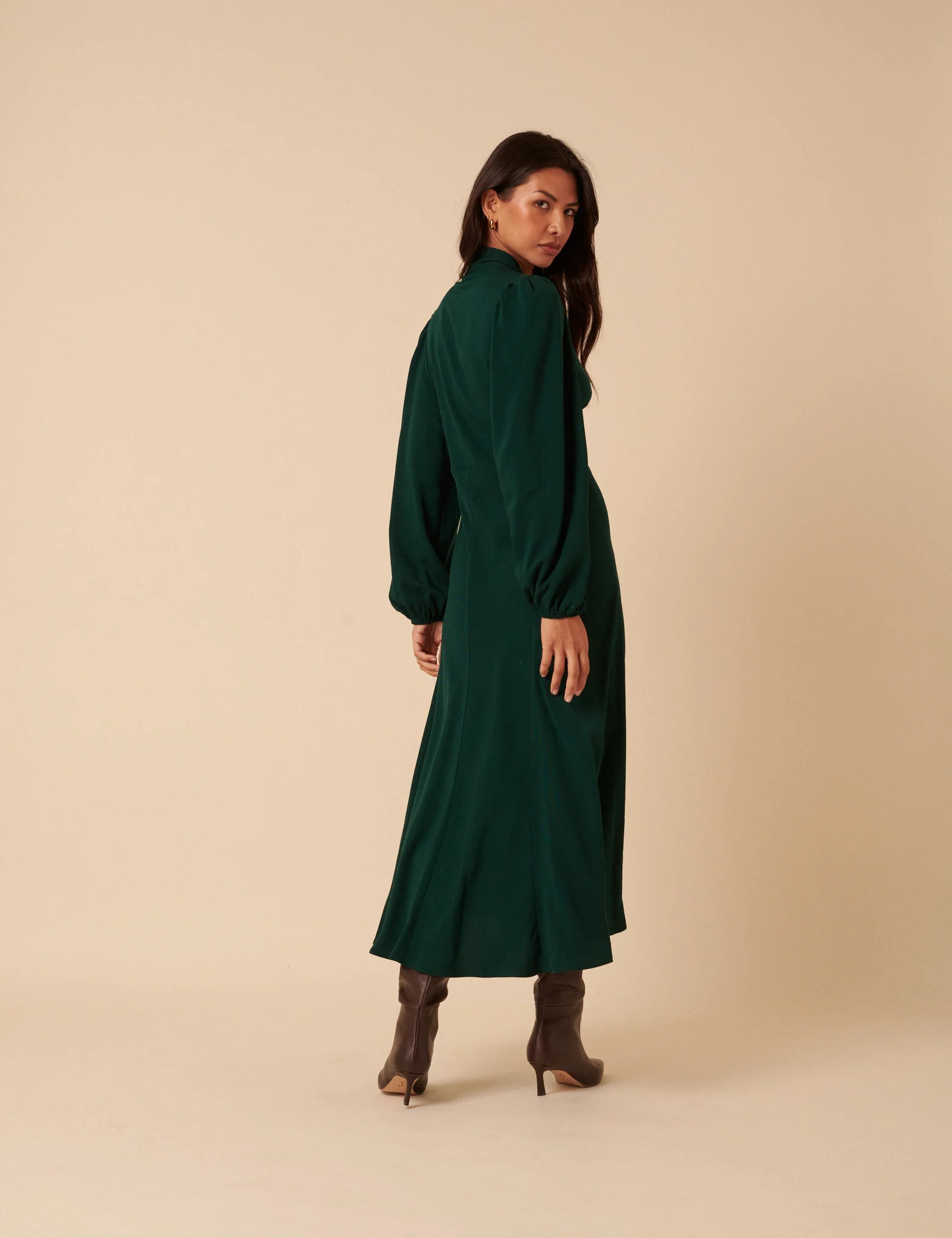 Forest Green Satin Balloon Sleeve Tie Neck Sadie Midi Dress - Image 5