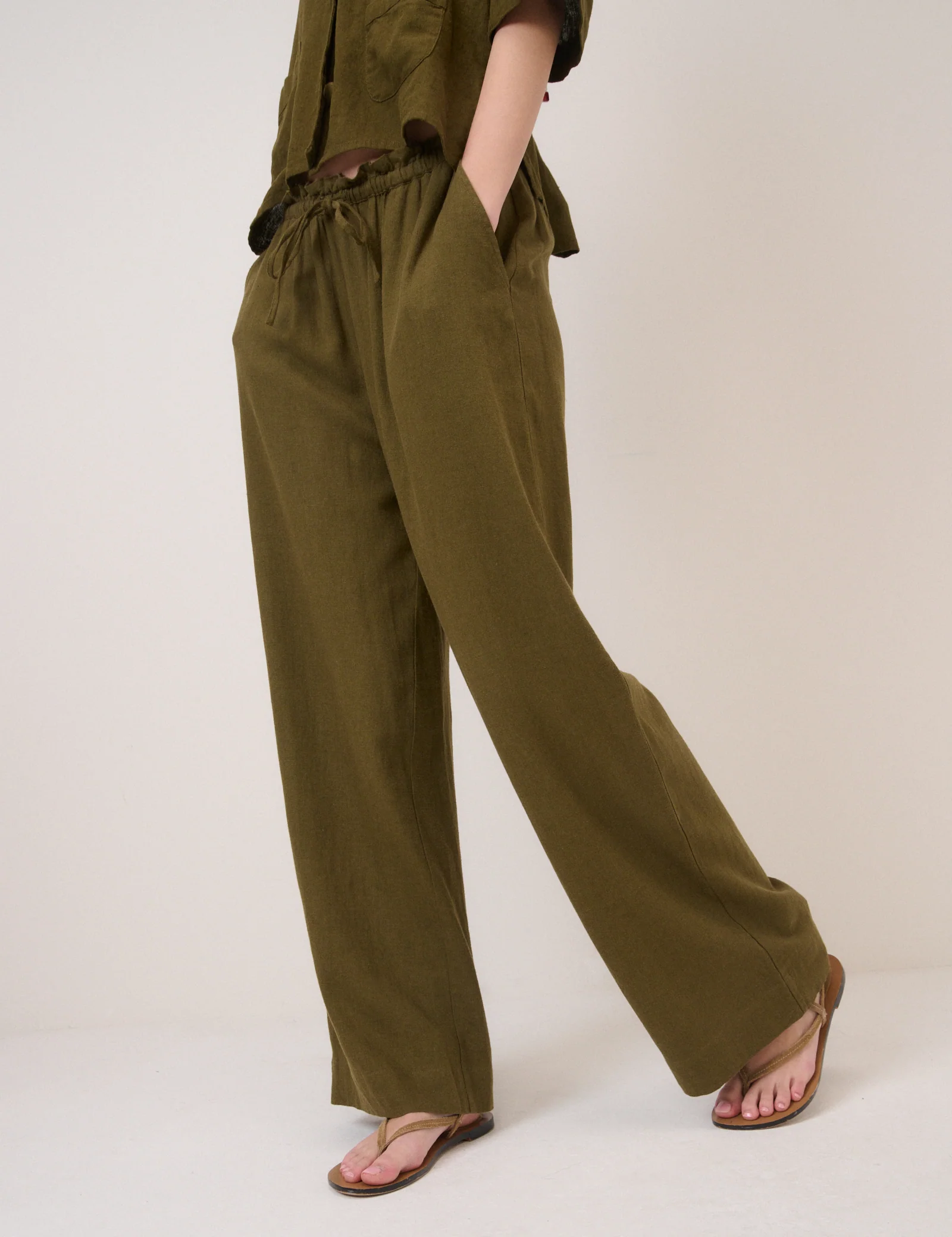Khaki Green Linen-Blend Straight Leg Trousers - Image 2