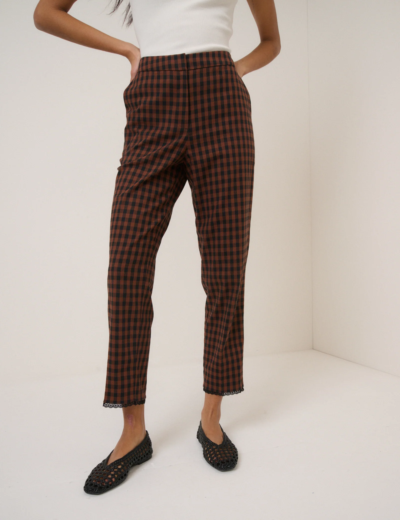 Brown Gingham Lace Trim Cigarette Trousers - Image 4