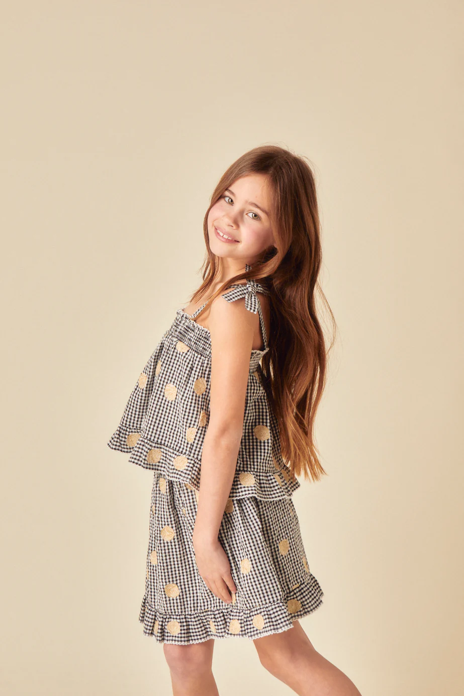 Girls Black Gingham Shell Embroidered Skirt - Image 2