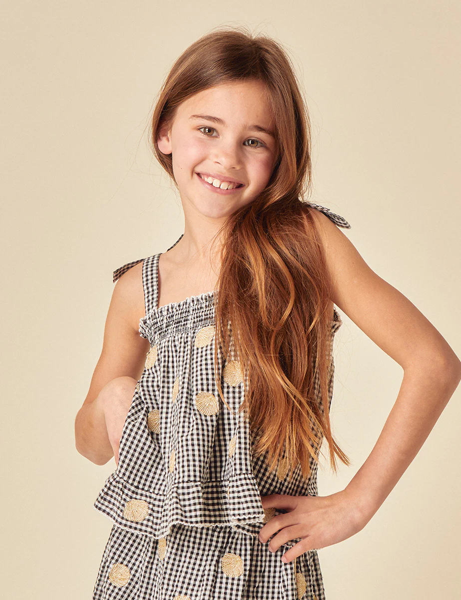 Girls Black Gingham Shell Embroidered Top - Image 2