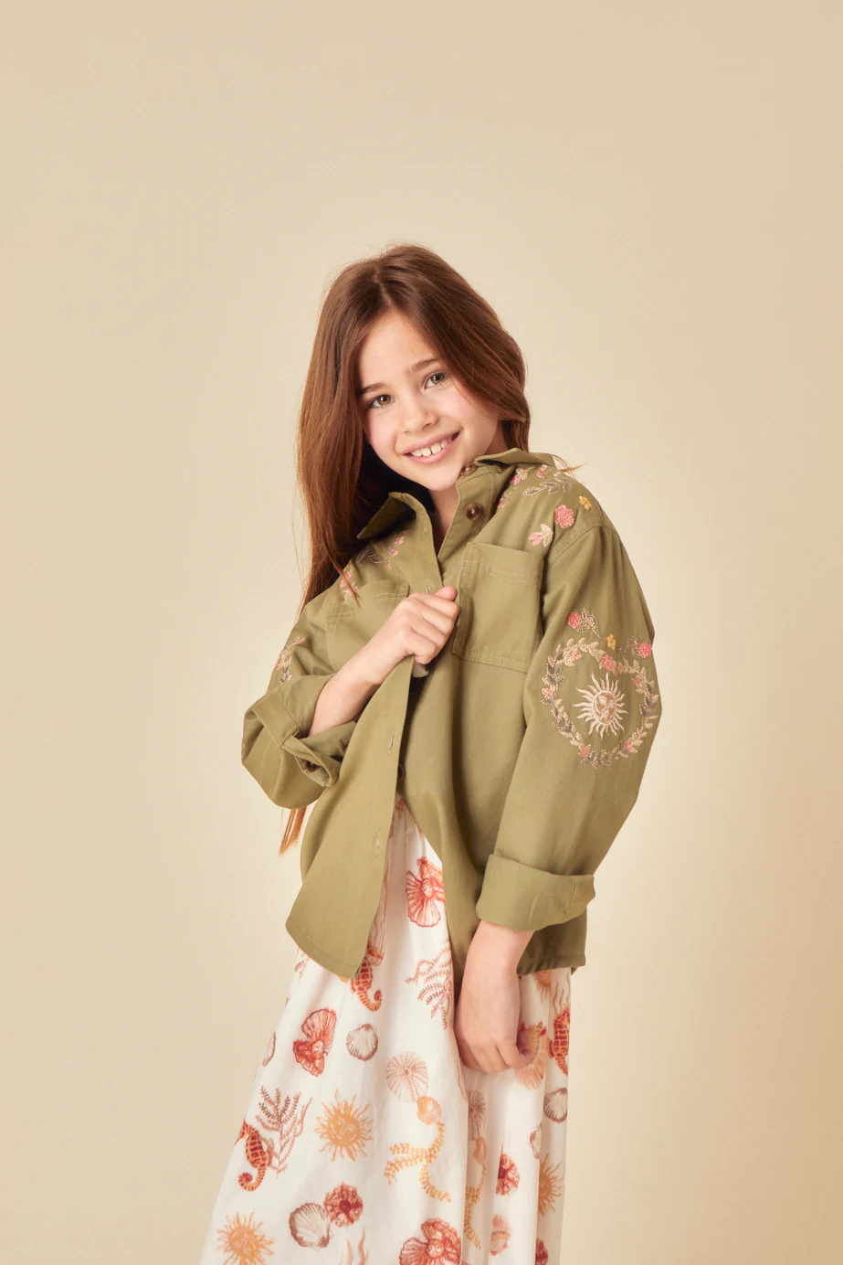 Girls Green Denim Embroidered Shacket